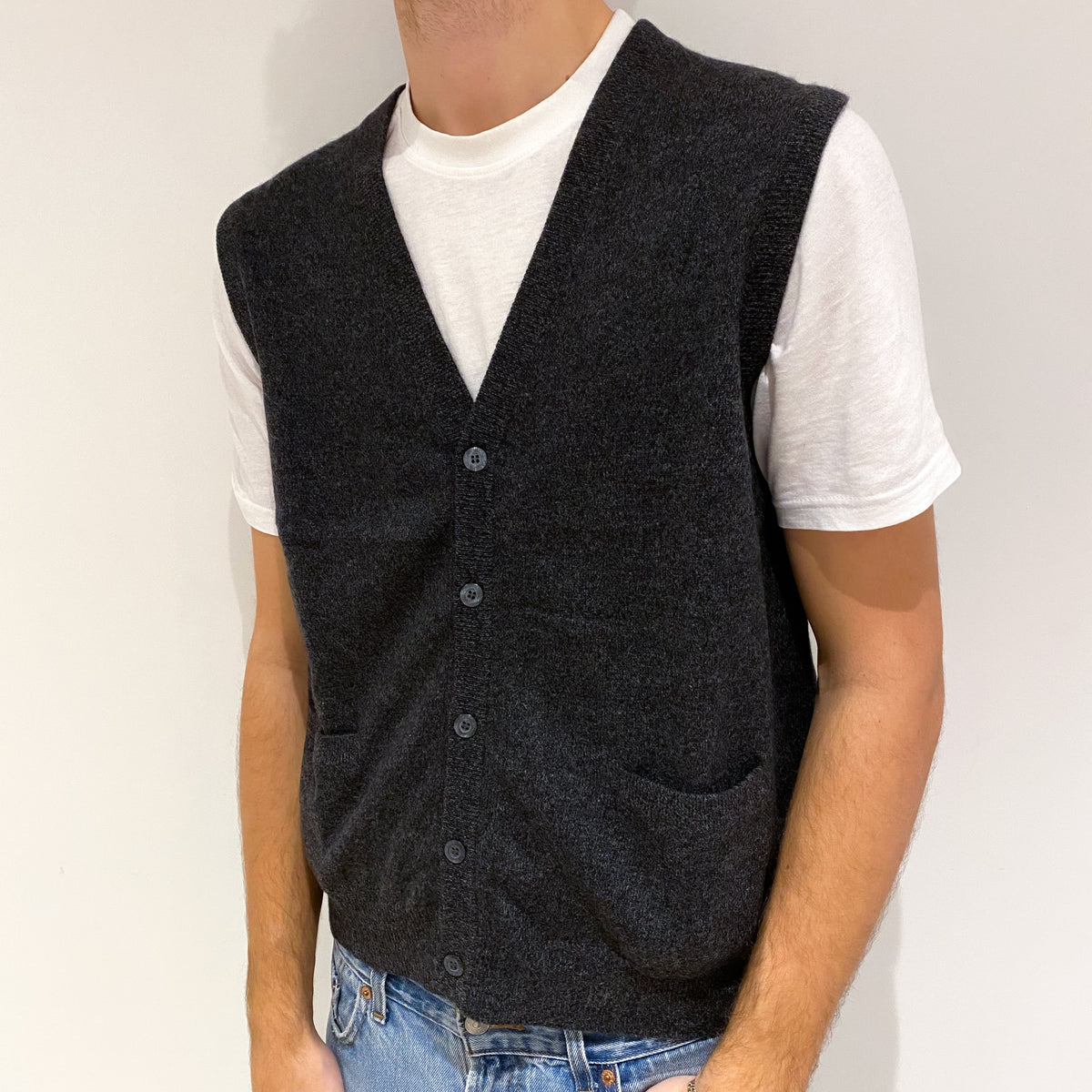 Men's Charcoal Grey Cashmere V Neck Gilet with Pockets Large