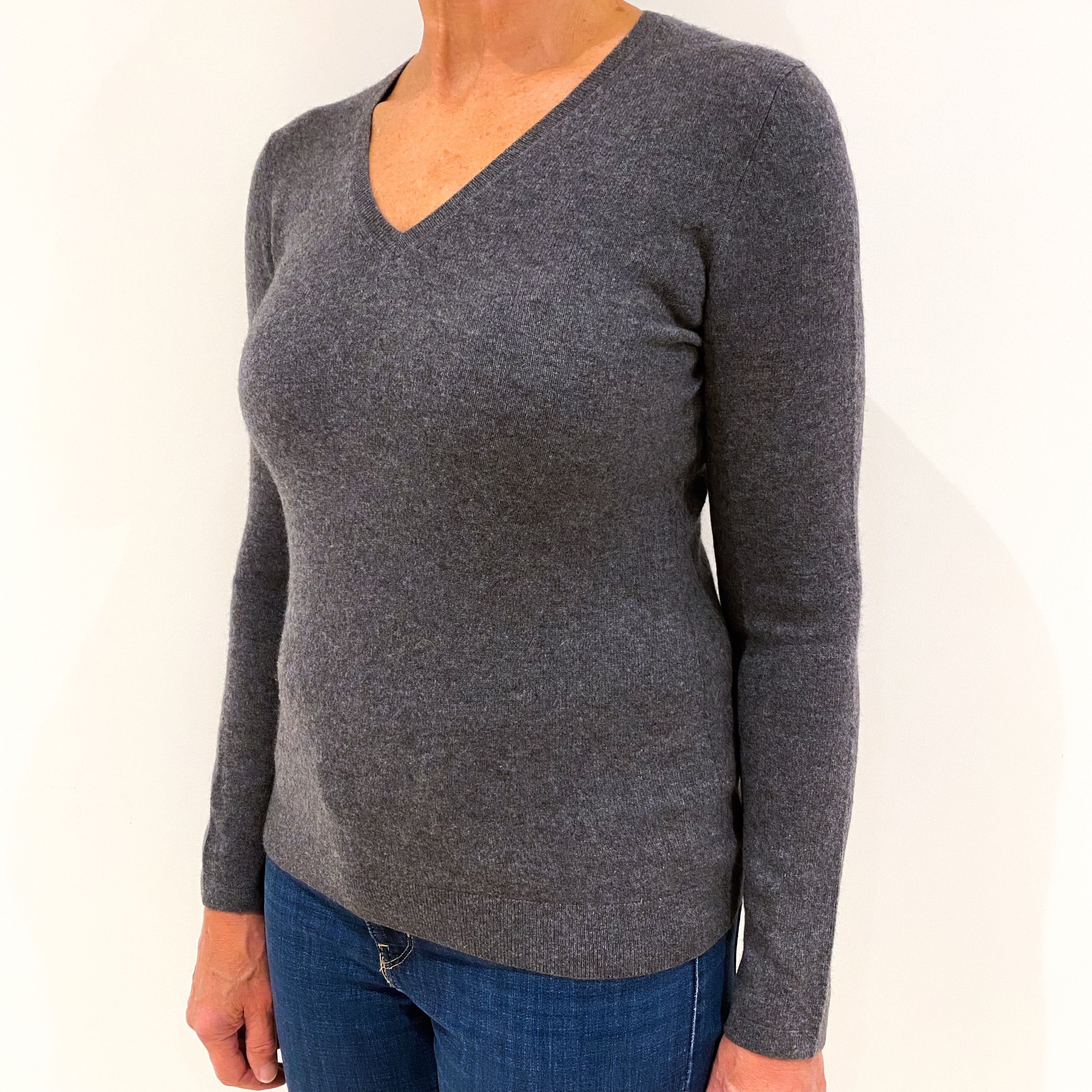Slate Grey Cashmere V-Neck Jumper Medium