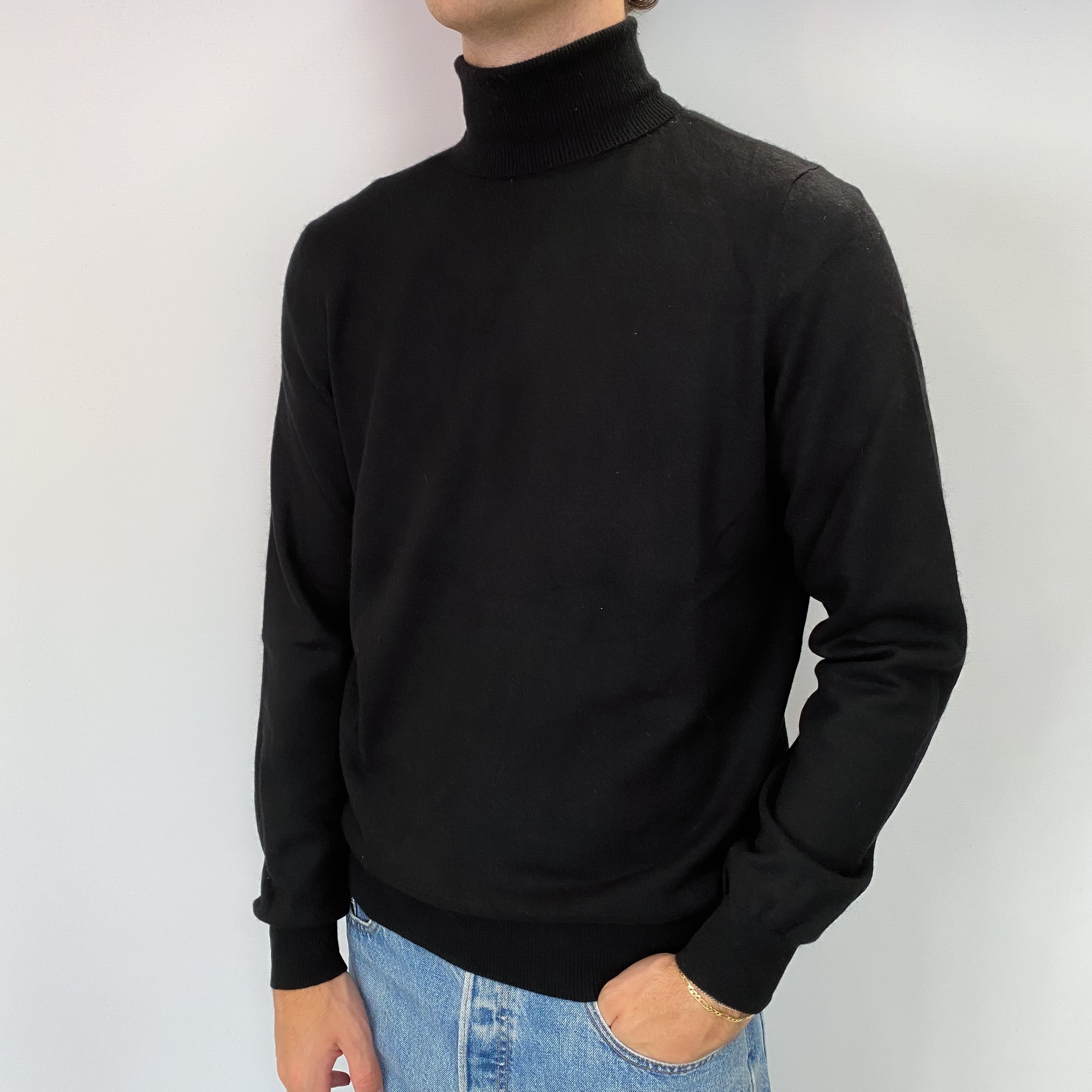 Men's Black Cashmere Polo Neck Jumper Large