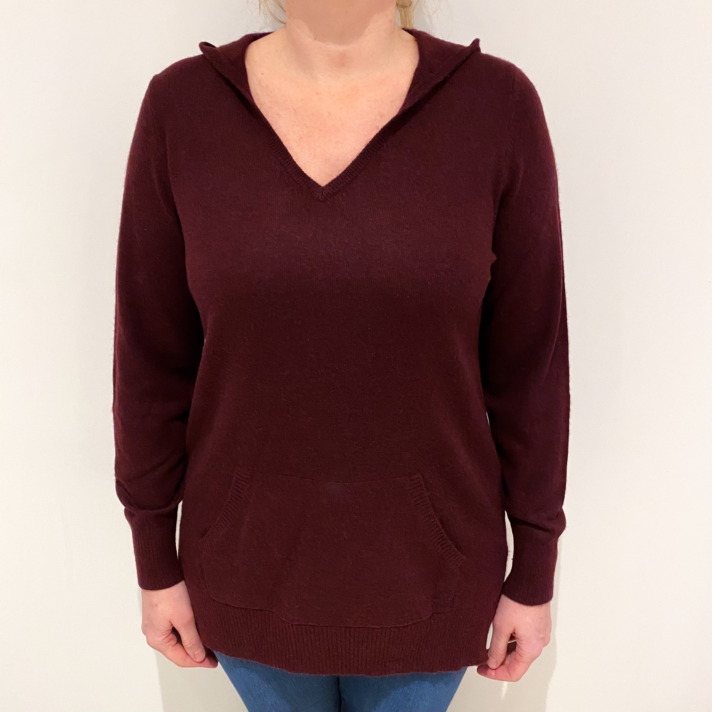 Deep Wine Red Cashmere Hooded Jumper with Pouch Pocket Large