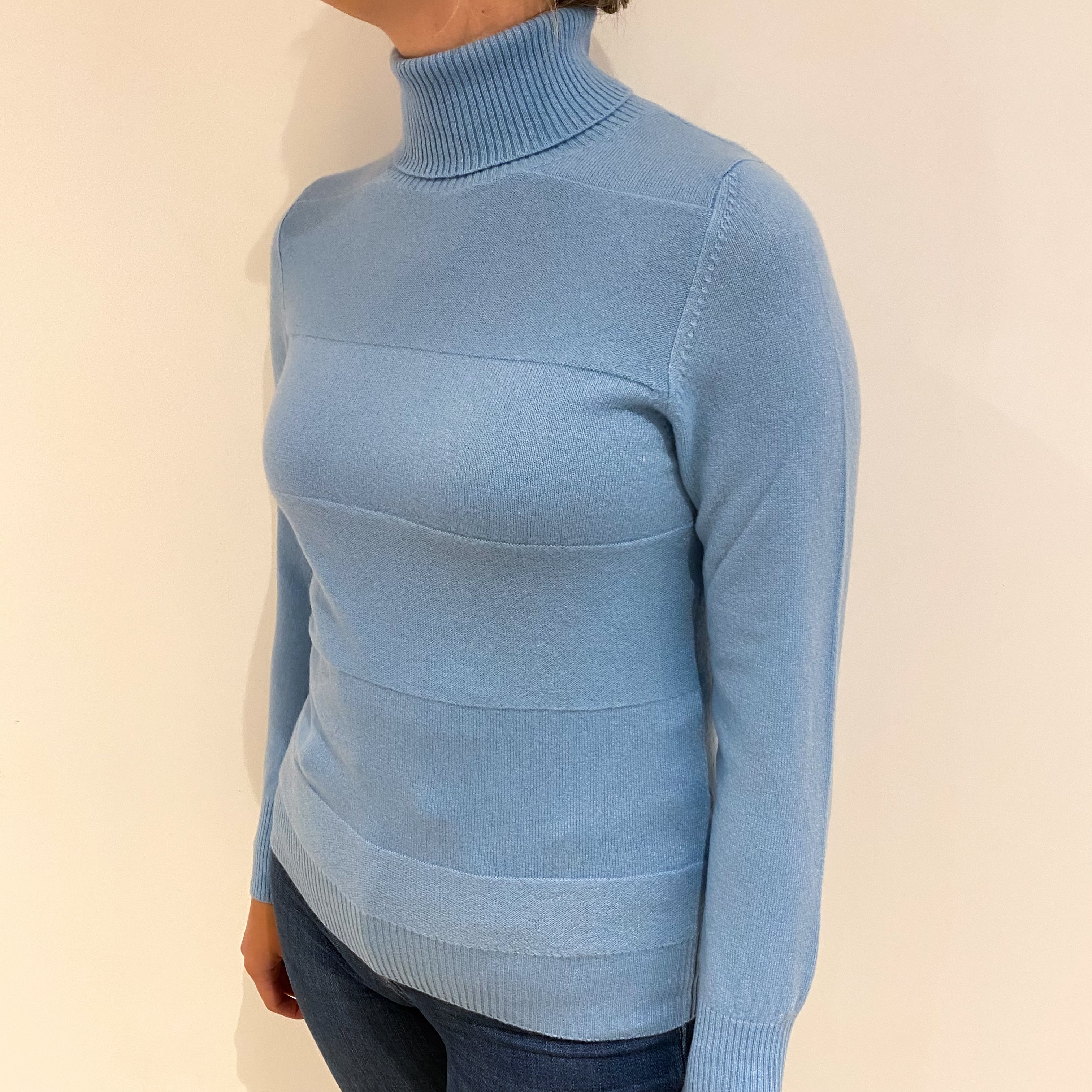 Sky Blue Stripe Knit Cashmere Polo Neck Jumper Small