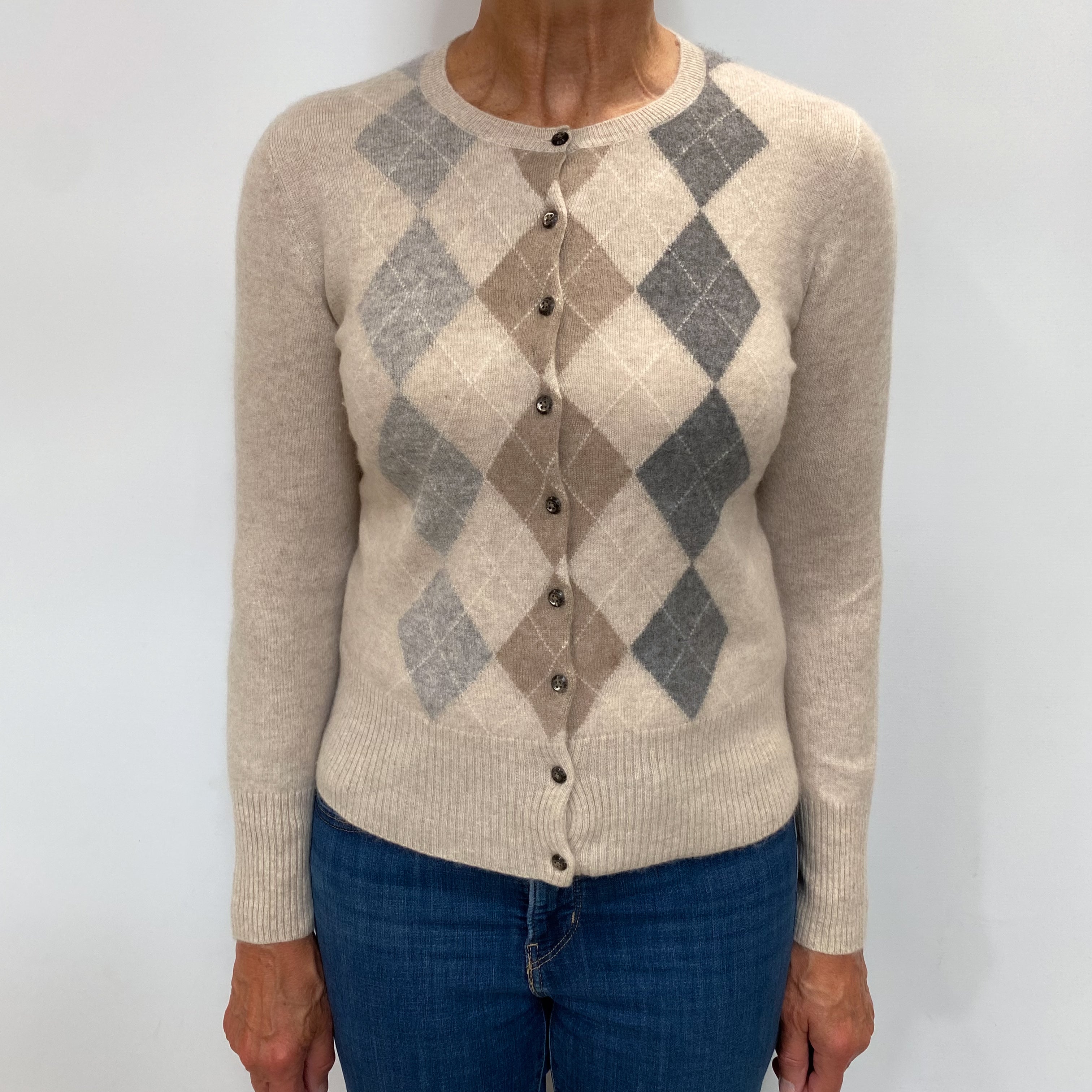 Fawn Beige Argyle Cashmere Crew Neck Cardigan Medium