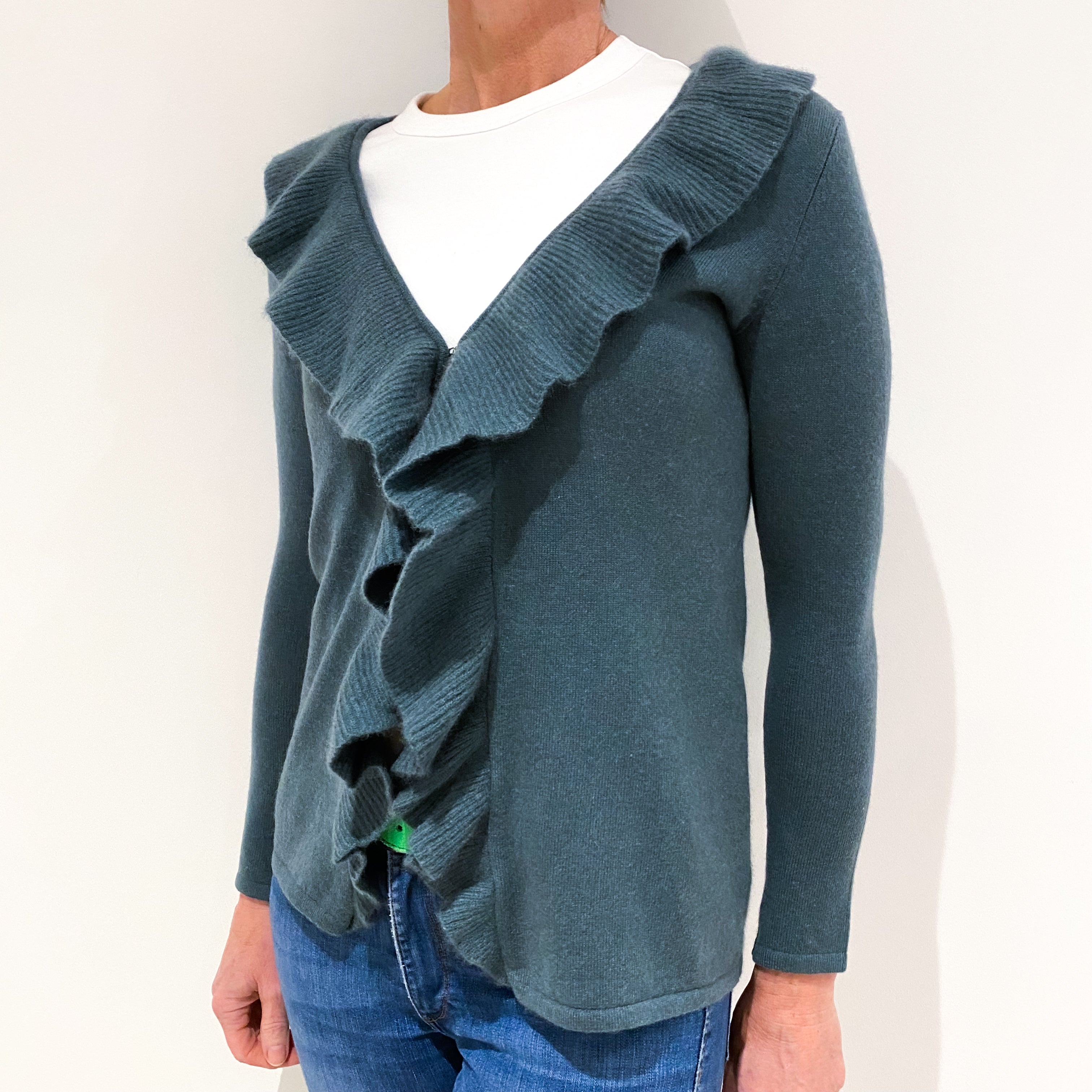Spruce Green Ruffle Edge Cashmere Cardigan Small