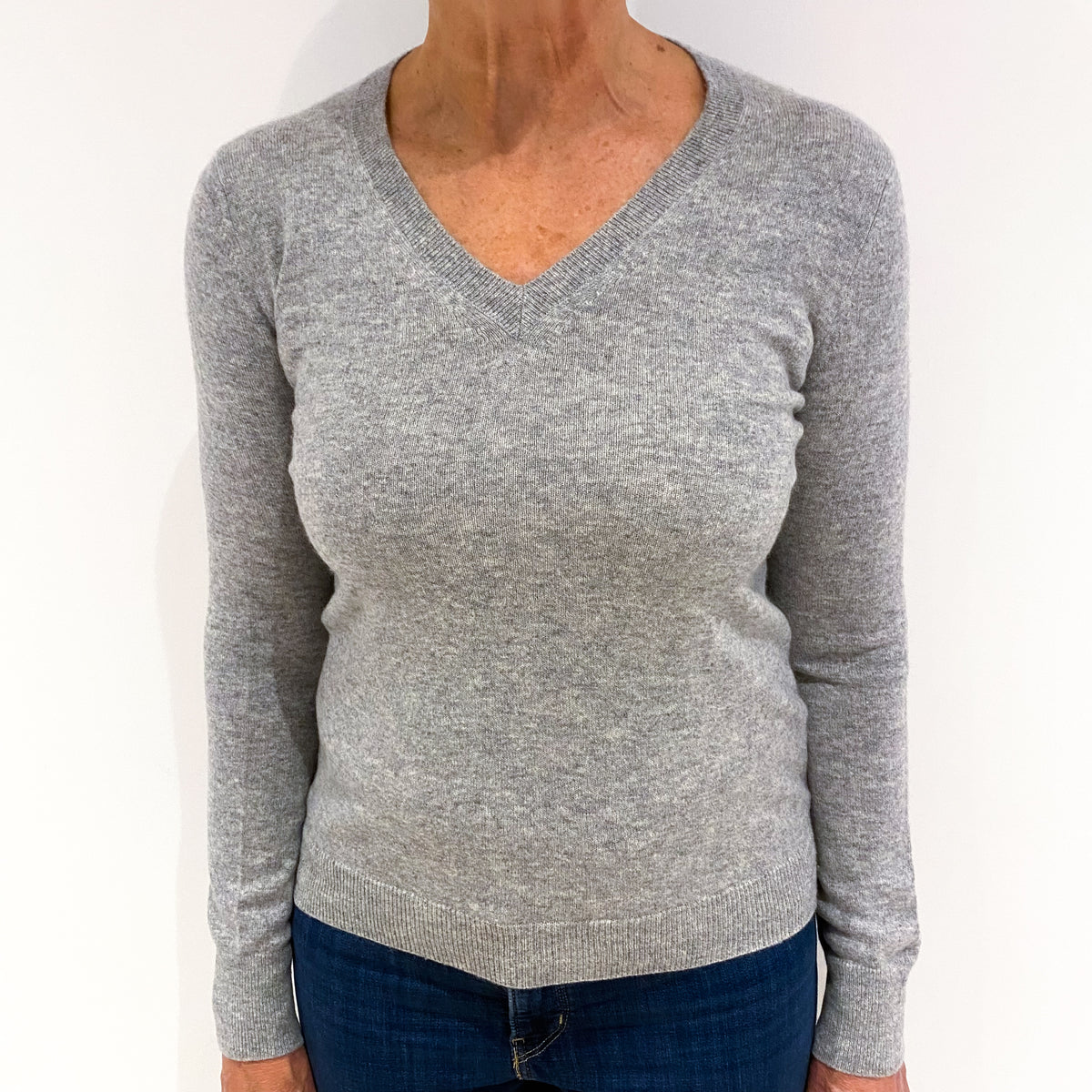 Ash Grey Cashmere V-Neck Jumper Medium