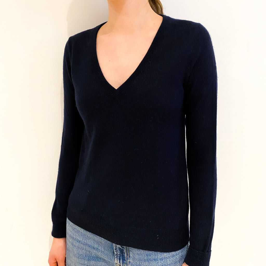 Navy Blue Cashmere V Neck Jumper Extra Small
