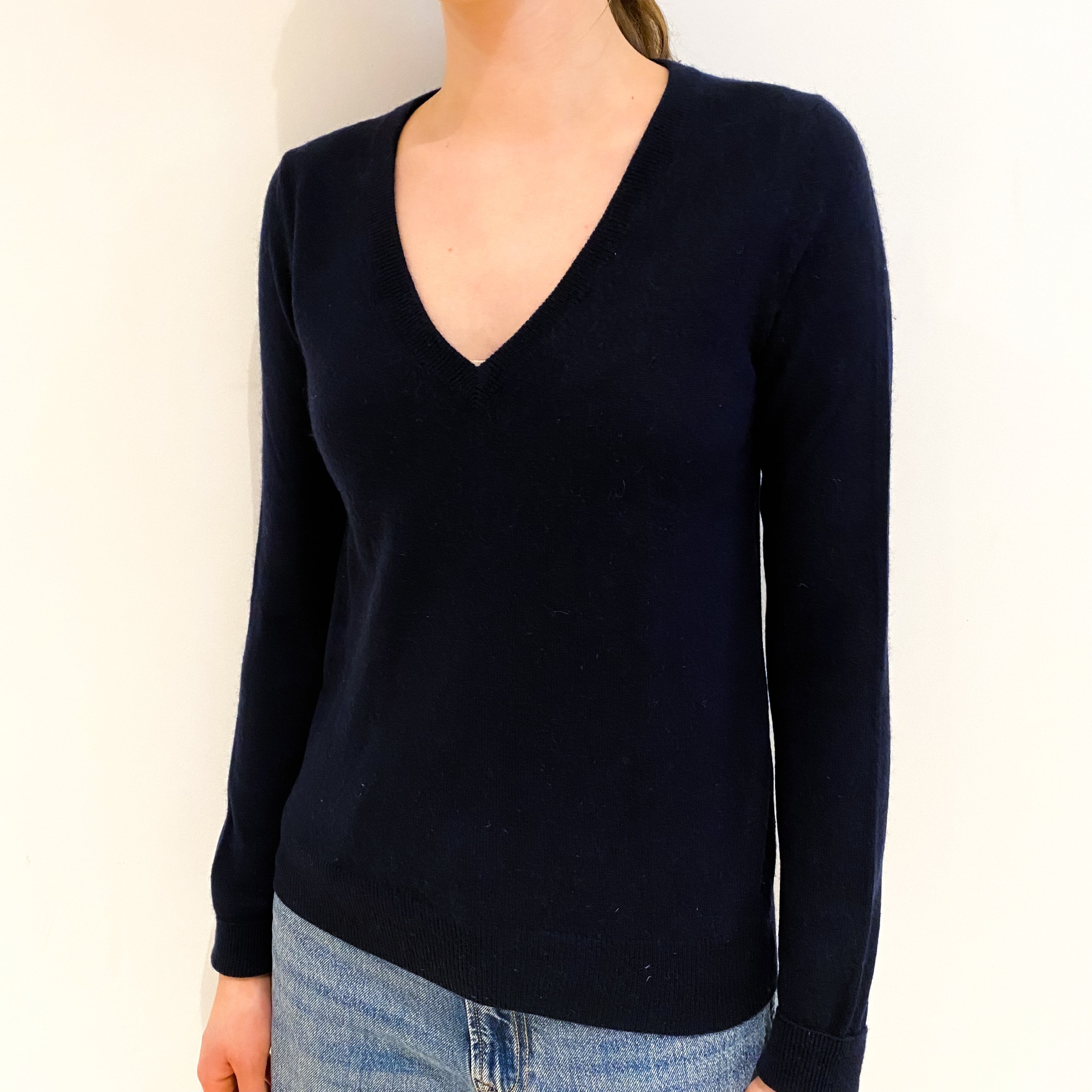 Navy Blue Cashmere V Neck Jumper Extra Small