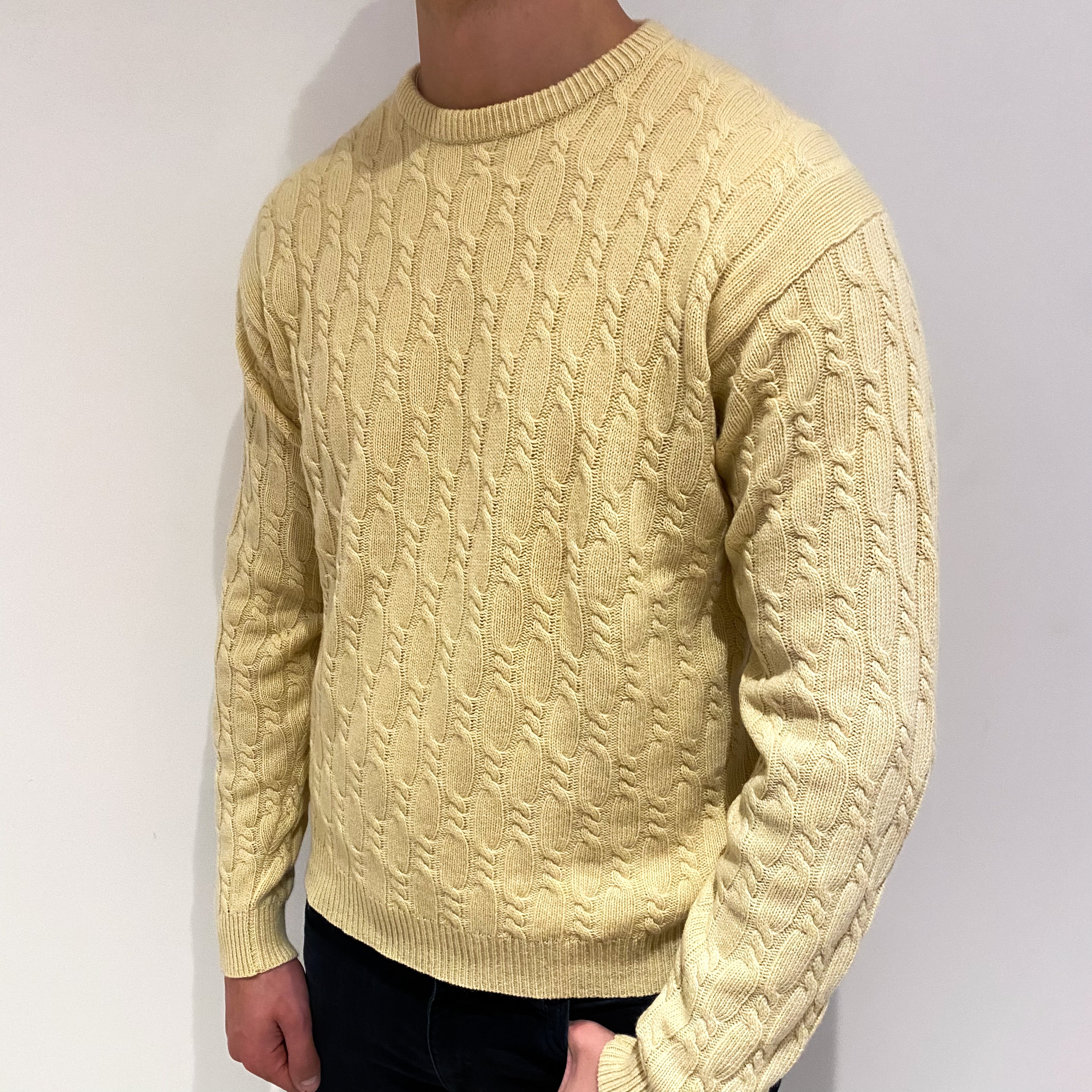 Men's Vintage Buttermilk Yellow Cashmere Crew Neck Cable Knit Jumper XL