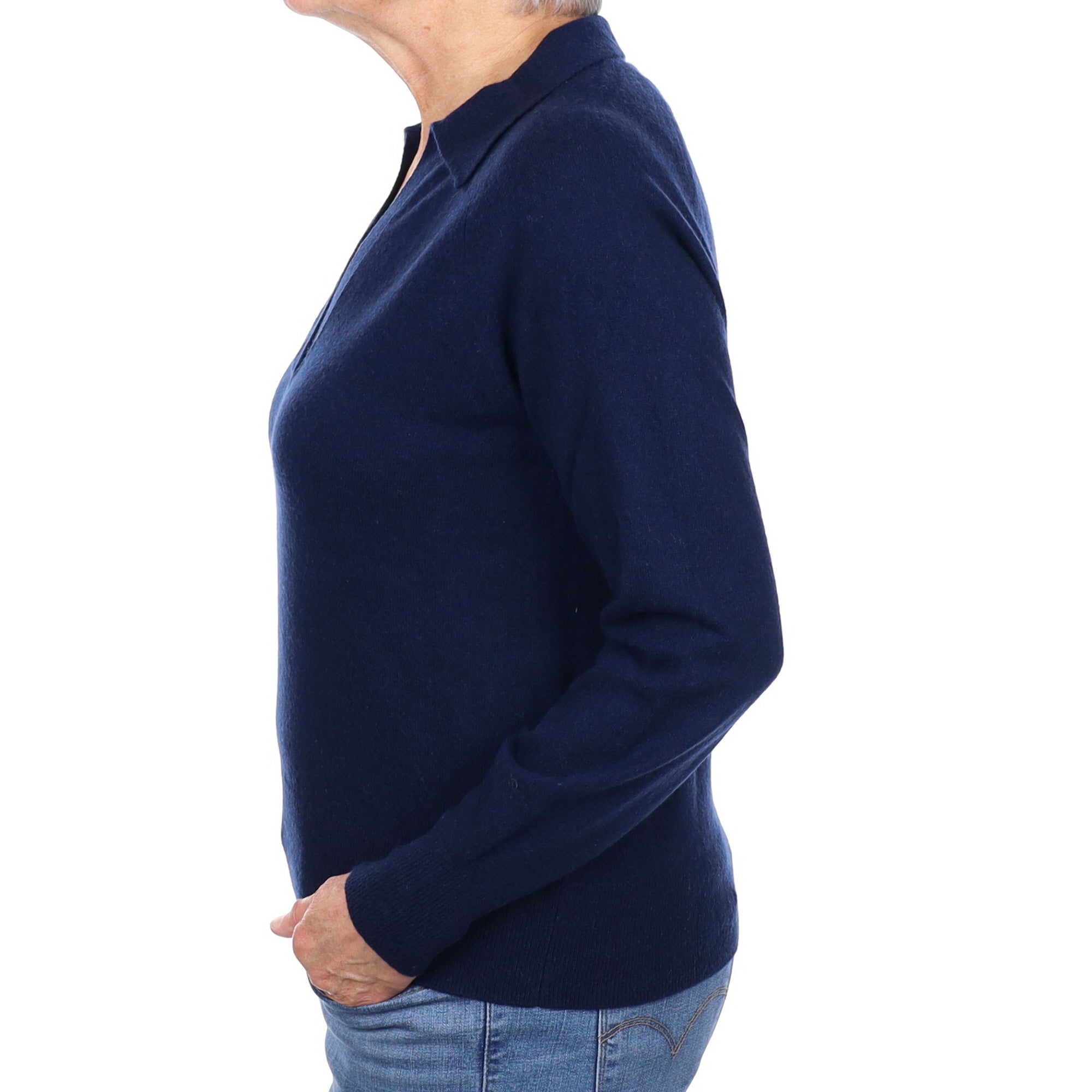 Navy Blue Cashmere Collared V Neck Jumper Medium