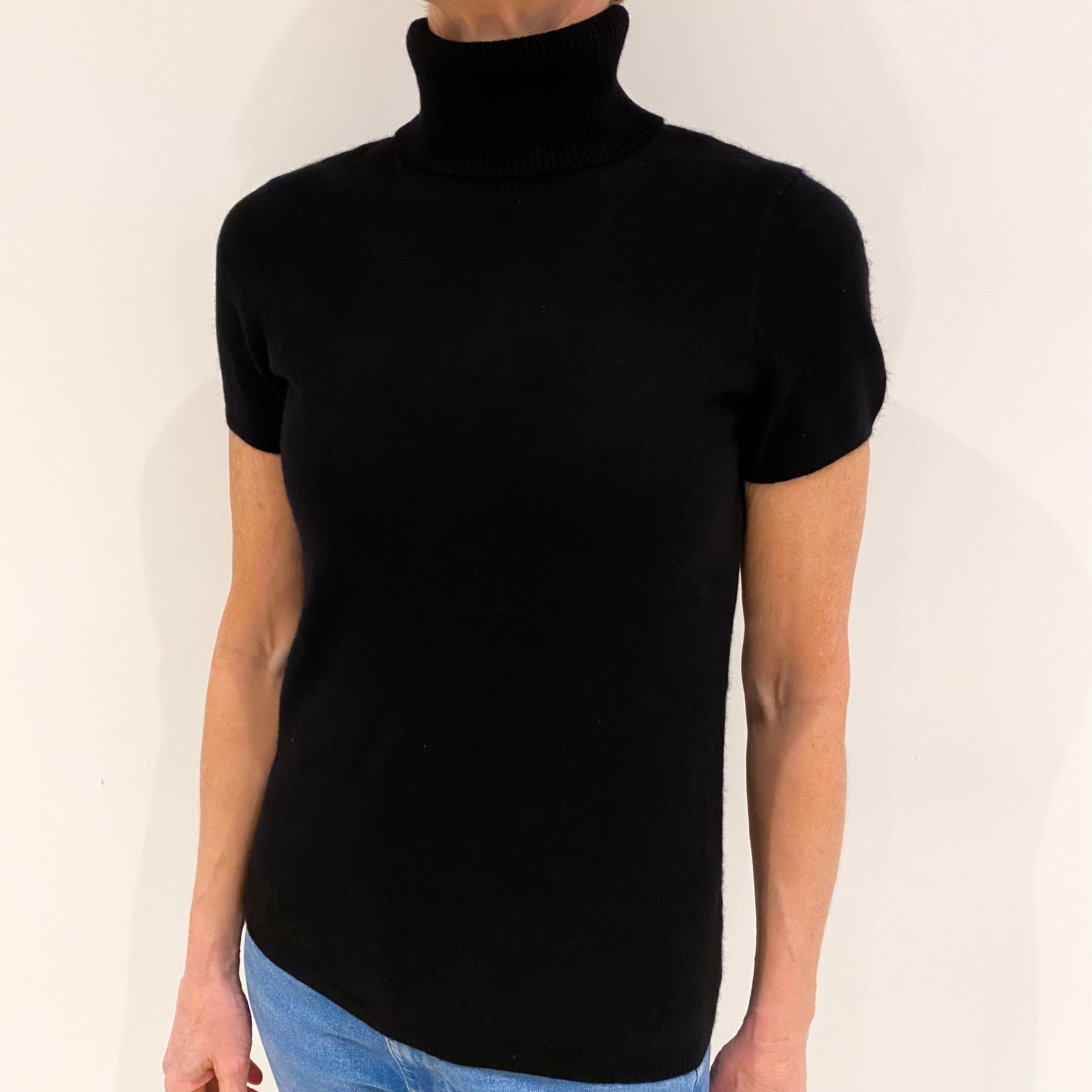 Black Cashmere Short Sleeve Polo Neck Jumper Small