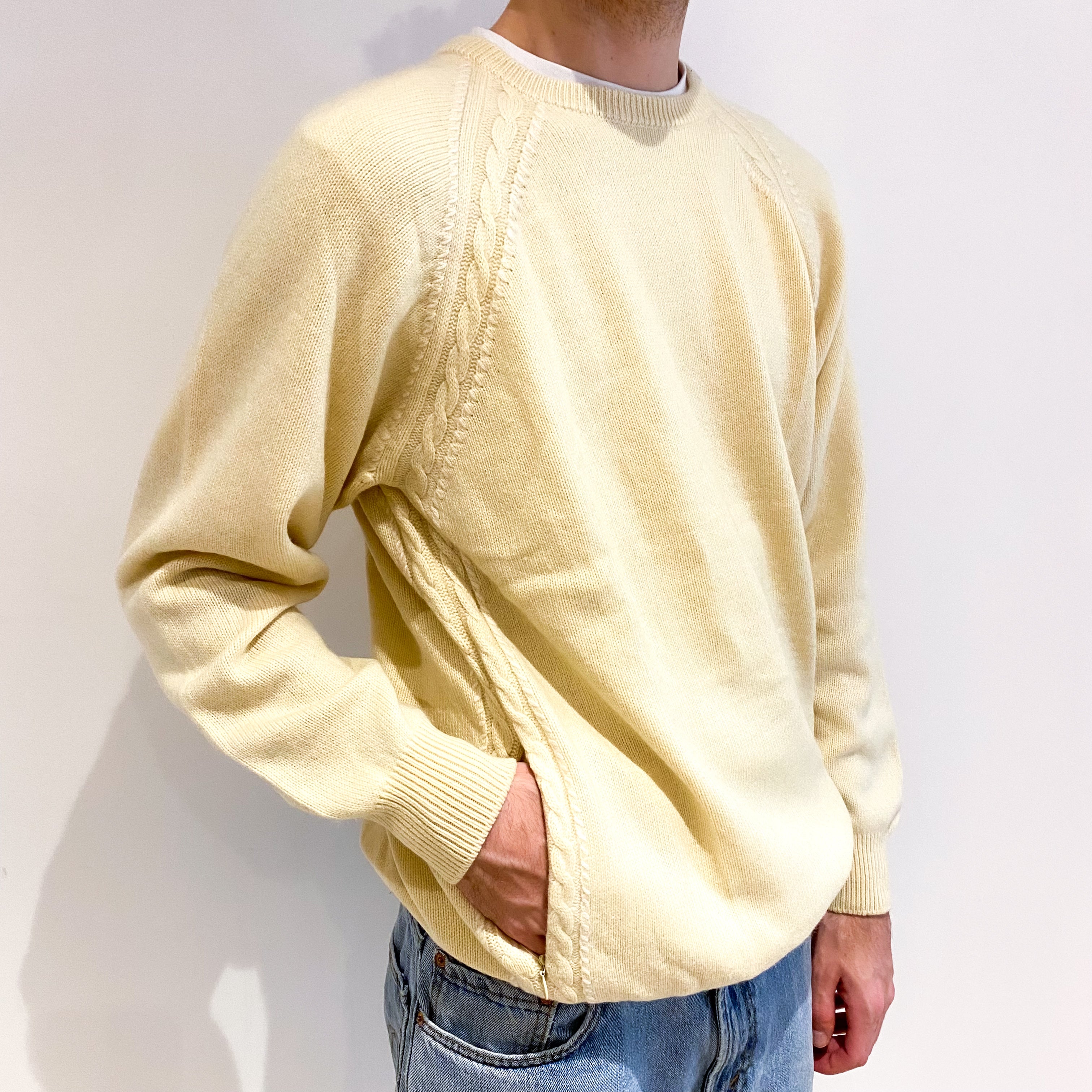 Men's Lemon Yellow Cashmere Crew Neck Jumper Large