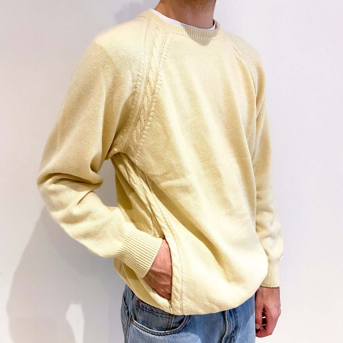 Men's Lemon Yellow Cashmere Crew Neck Jumper Large