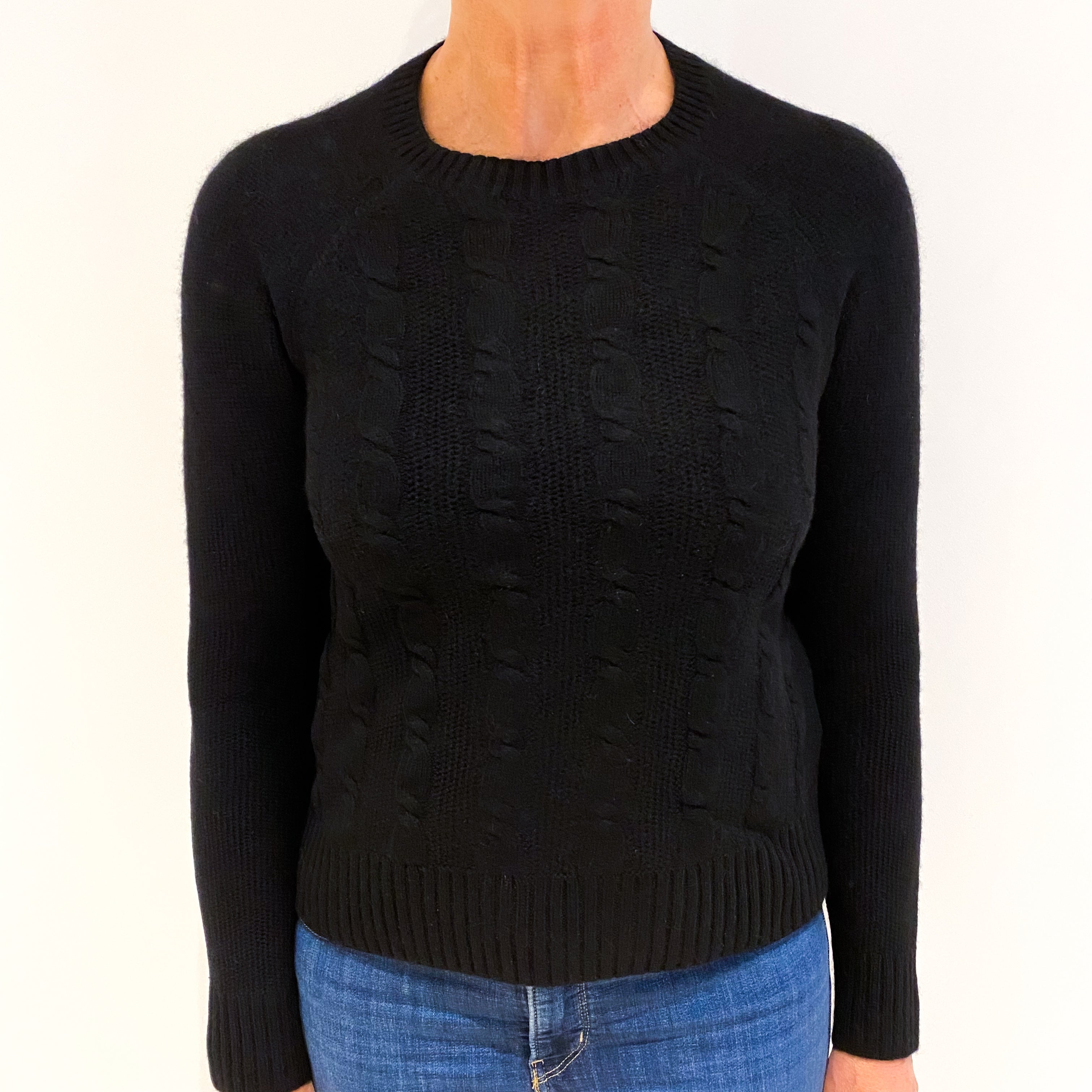 Black Cable Front Cashmere Crew Neck Jumper Medium