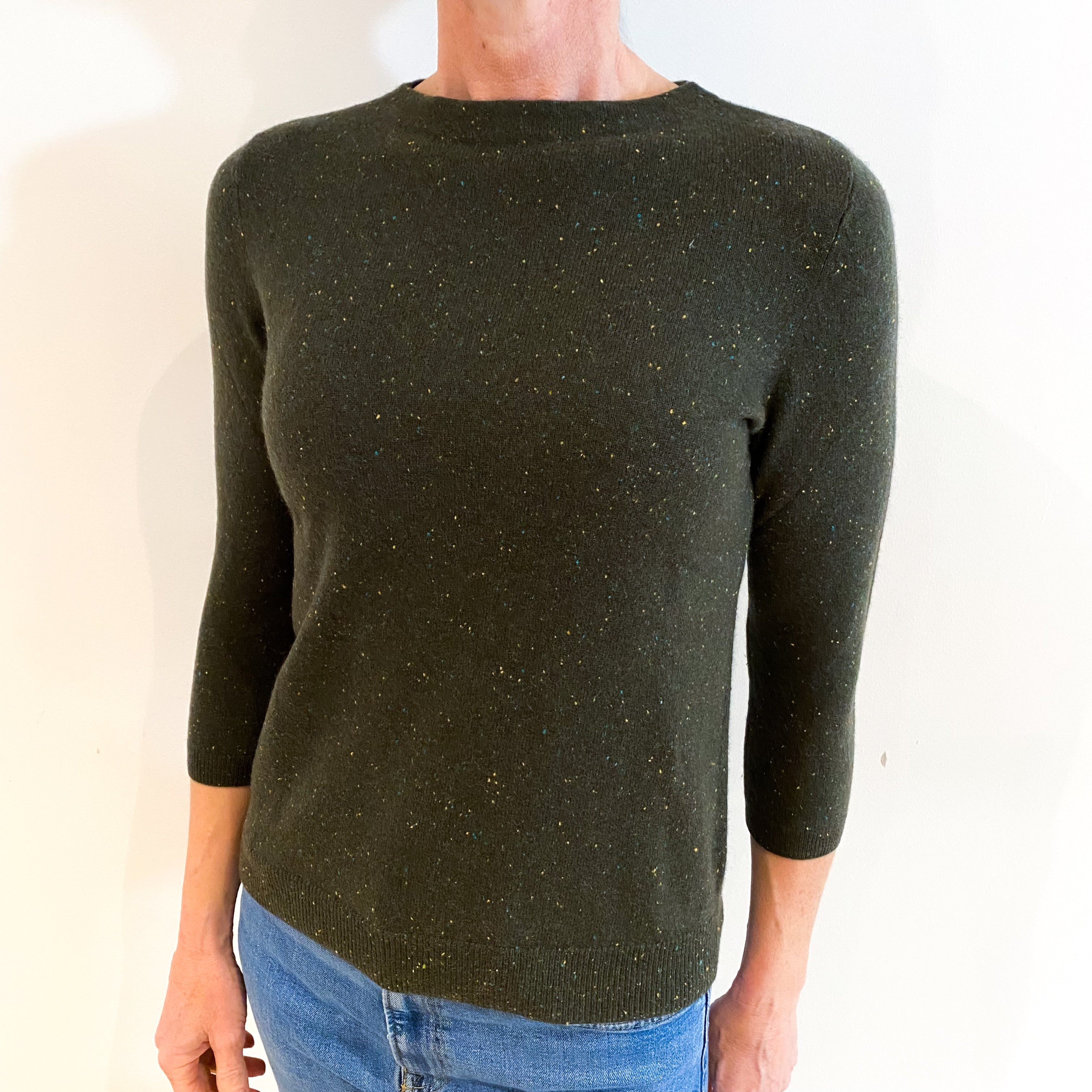 Deep Khaki Flecked Cashmere Crew Neck Jumper Small/Petite