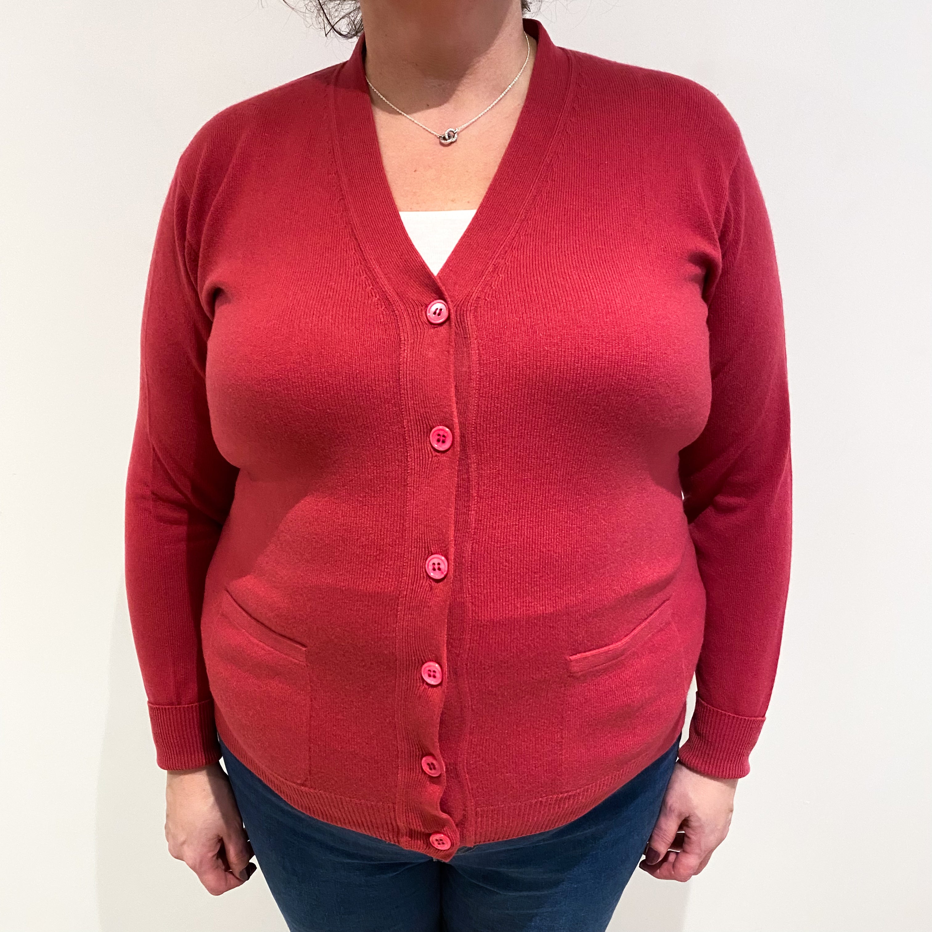Raspberry Pink Cashmere V Neck Cardigan with Pockets Extra Large