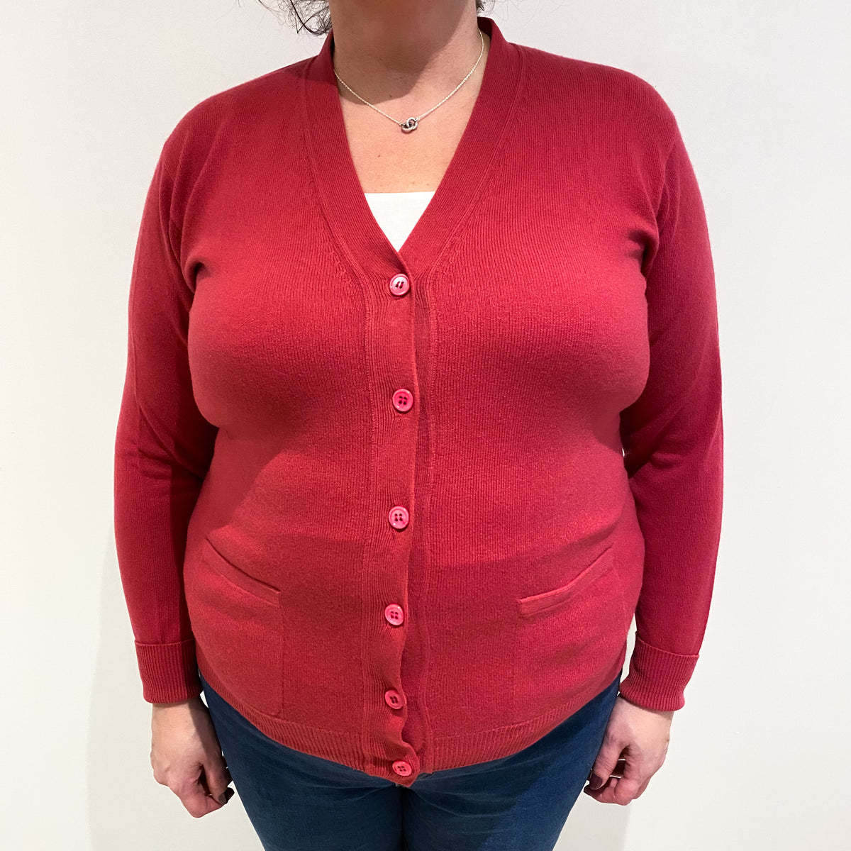 Raspberry Pink Cashmere V Neck Cardigan with Pockets Extra Large