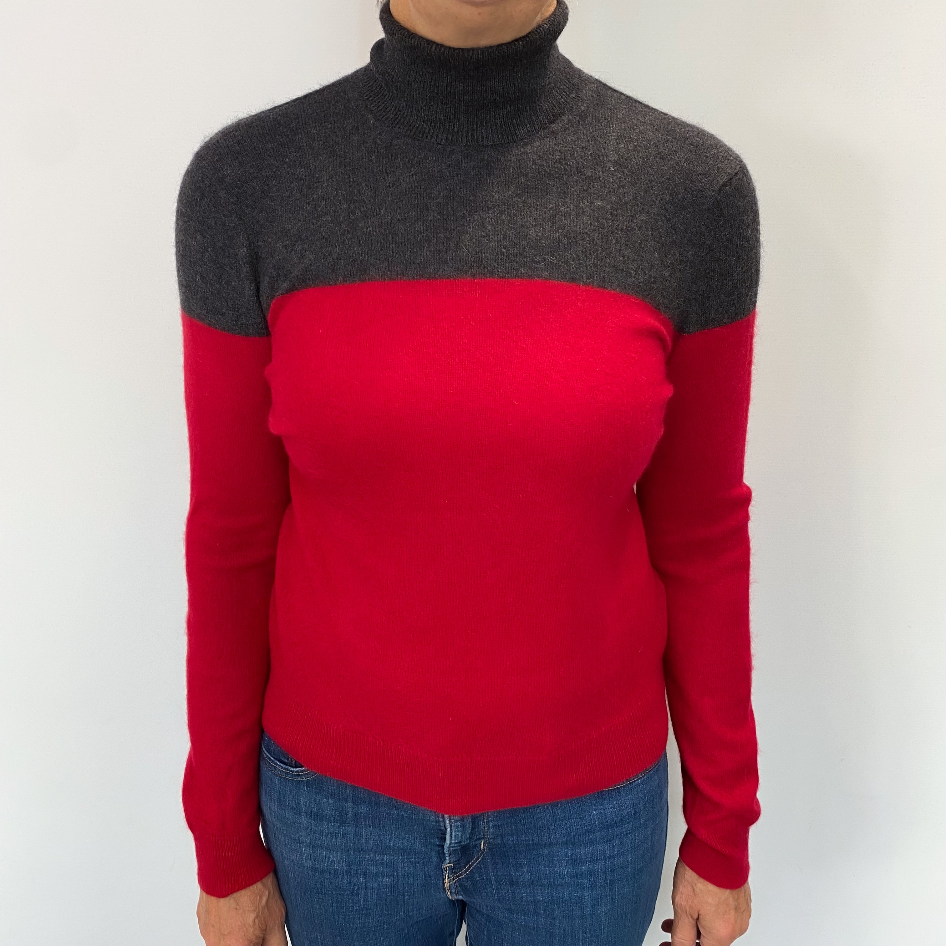 Crimson Red Colour Block Cashmere Polo Neck Jumper Medium