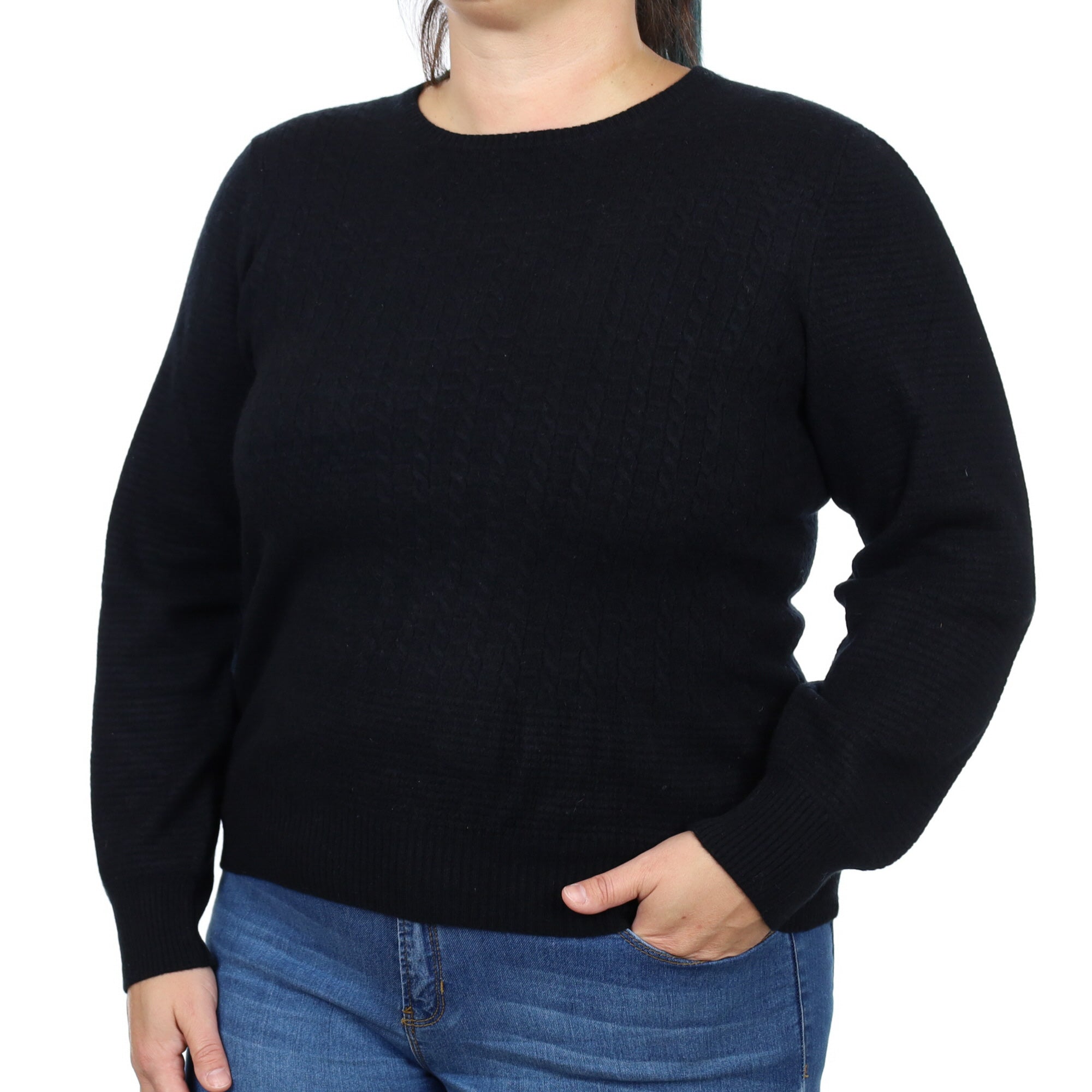Black Cable Front Cashmere Crew Neck Jumper Large