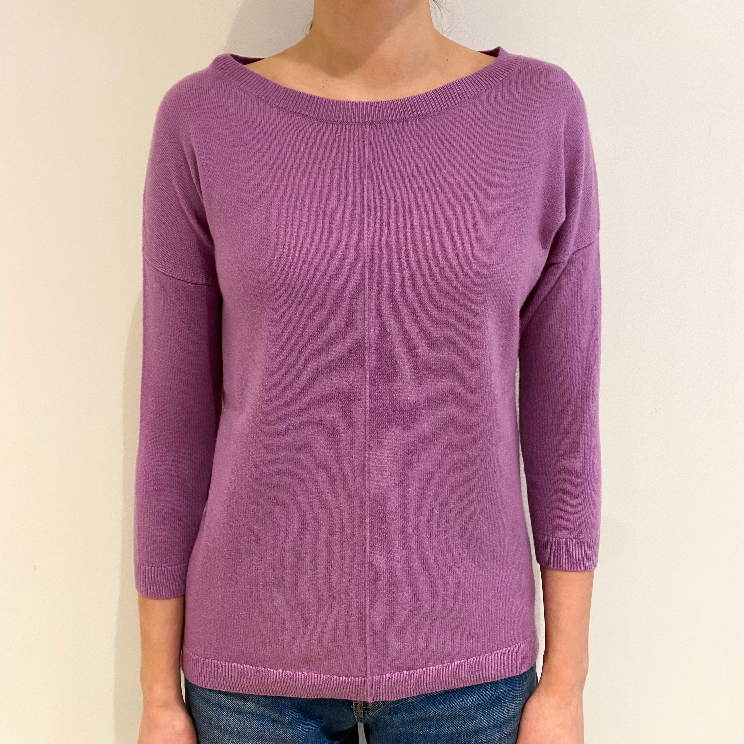 Purple and Grey Button Back Cashmere Crew Neck Jumper Extra Small