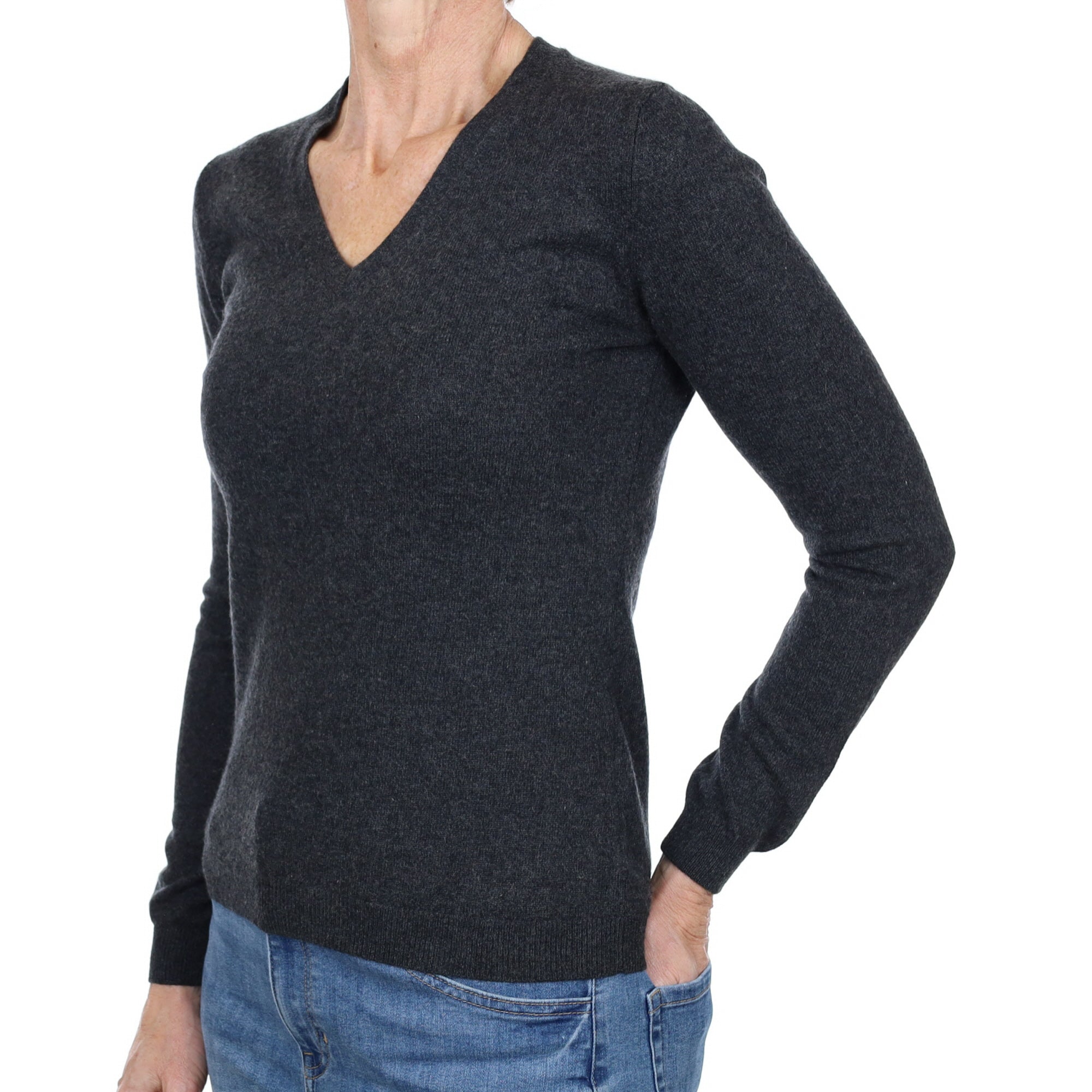 Charcoal Grey Cashmere V Neck Jumper Small