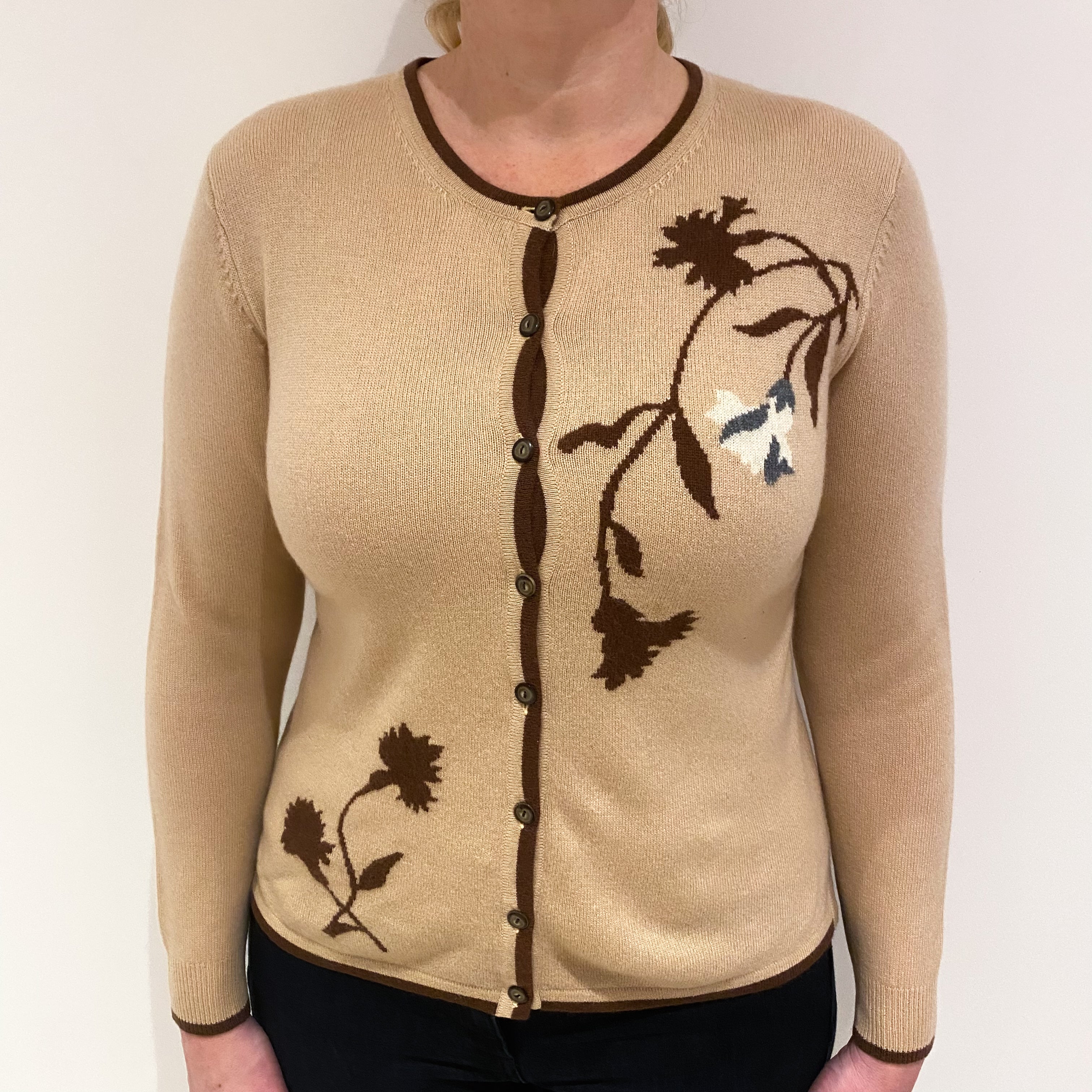 Pale Caramel Brown Floral Cashmere Crew Neck Cardigan Large