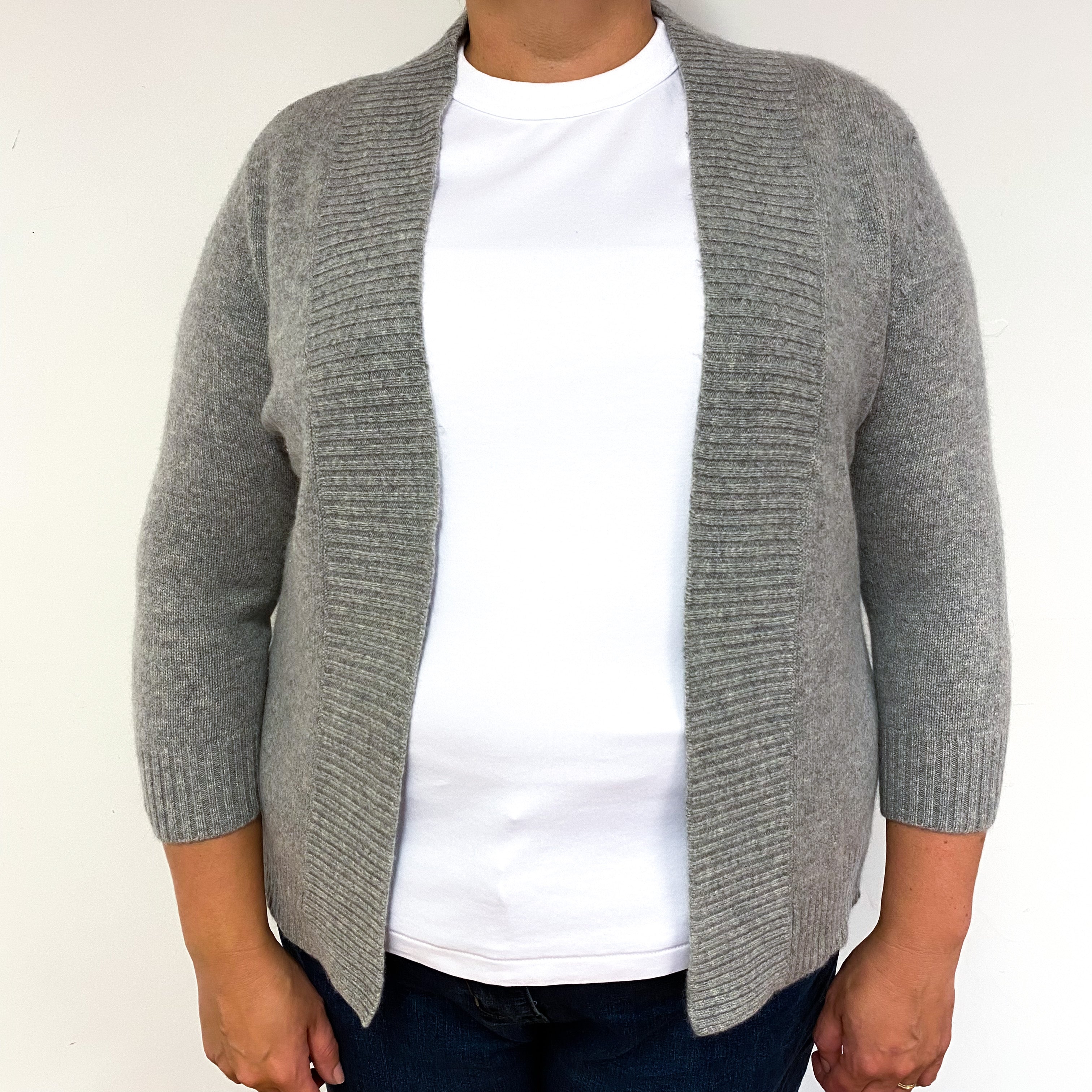 Grey 3/4 Sleeve Cashmere Edge to Edge Cardigan Extra Large