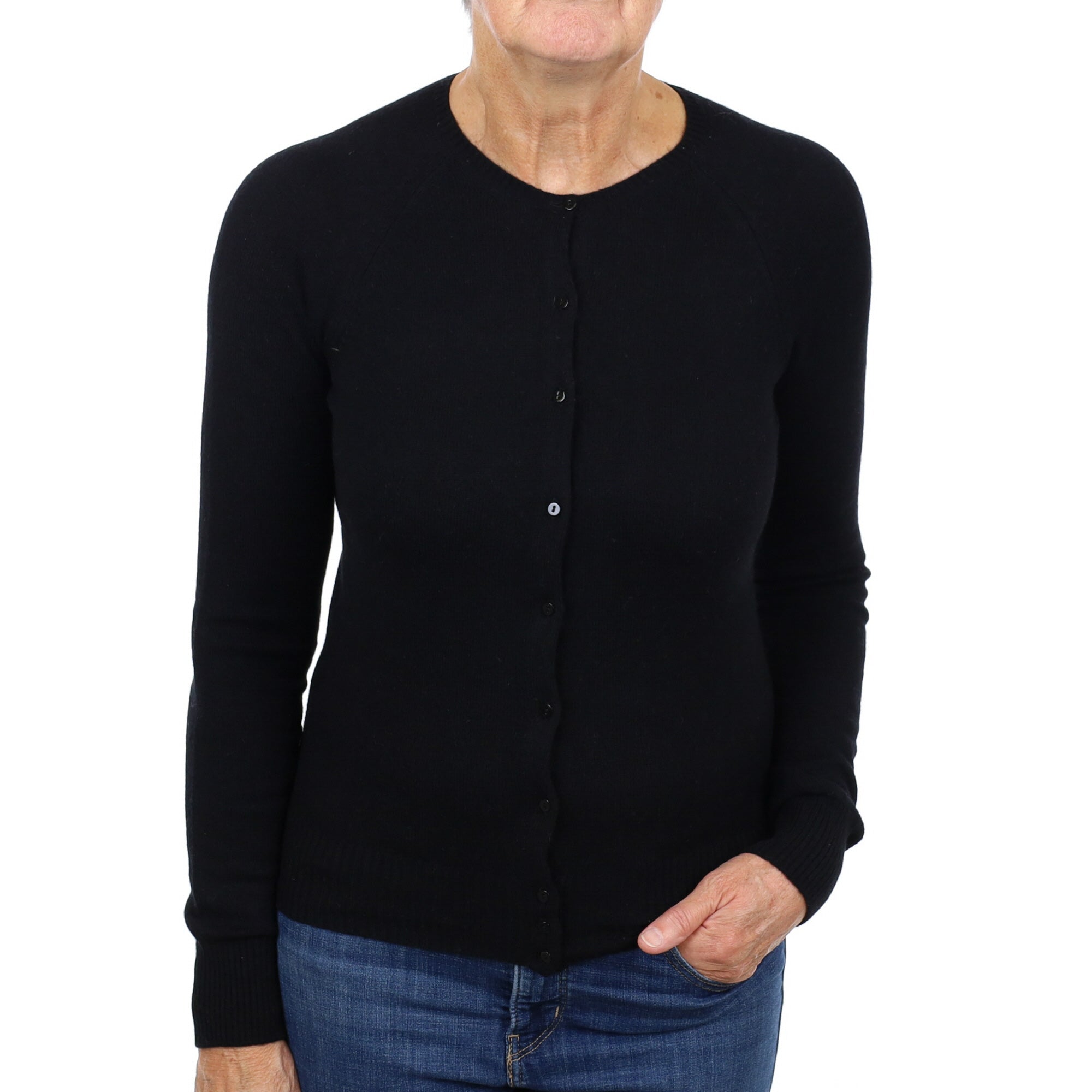 Black Cashmere Crew Neck Cardigan Medium