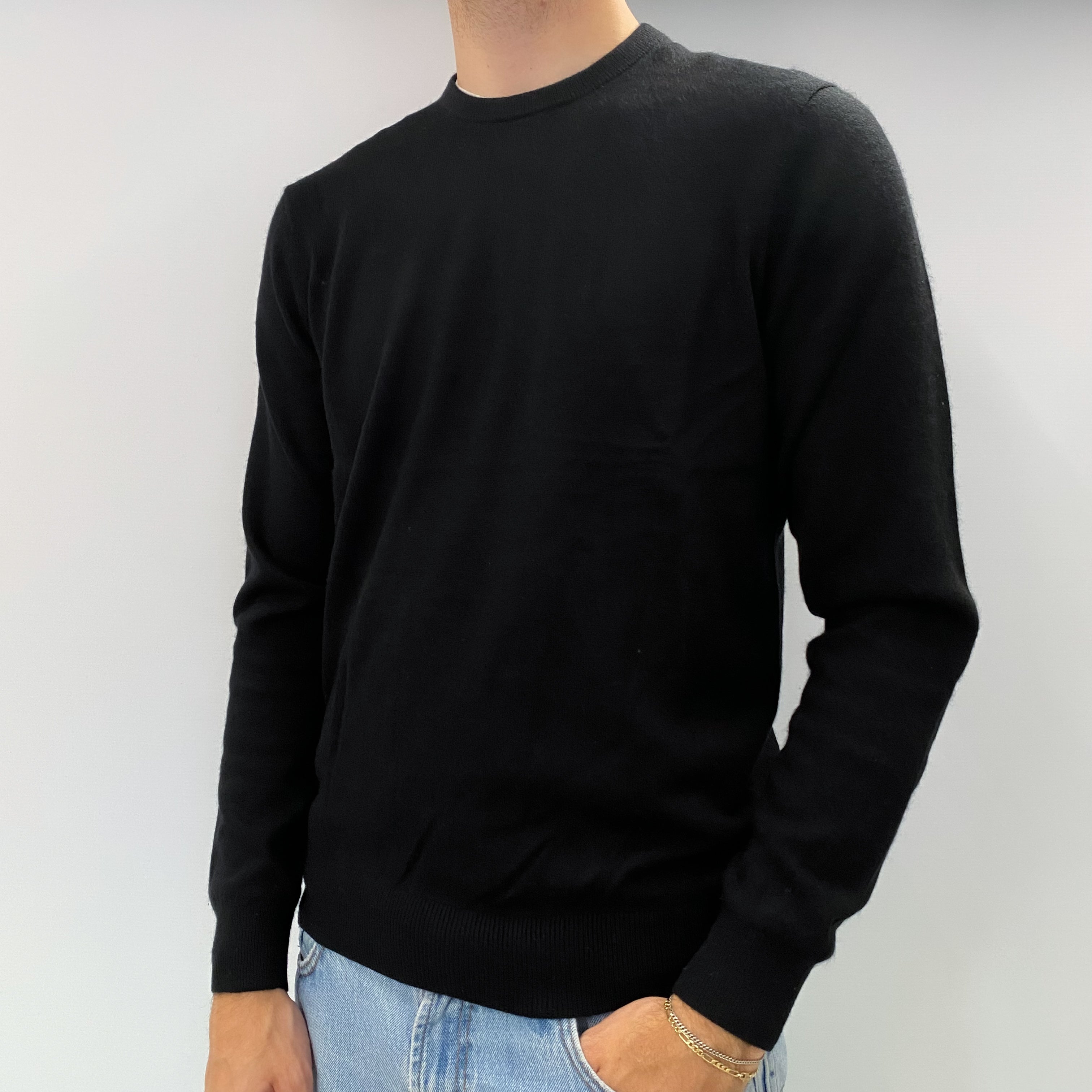 Men's Black Cashmere Crew Neck Jumper Large