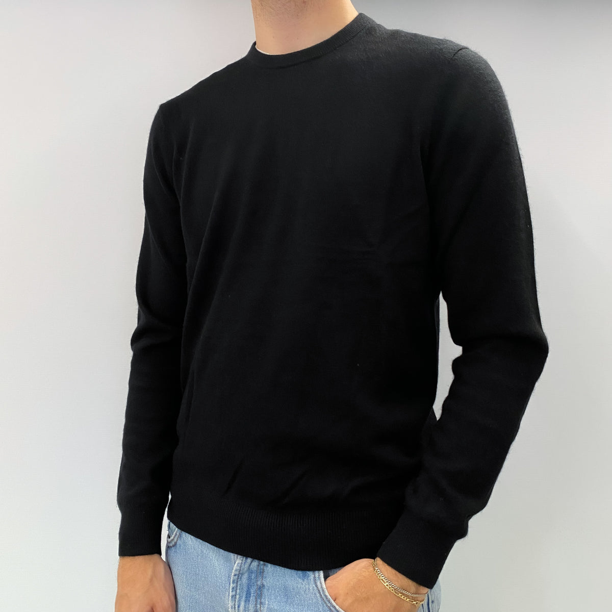 Men's Black Cashmere Crew Neck Jumper Large