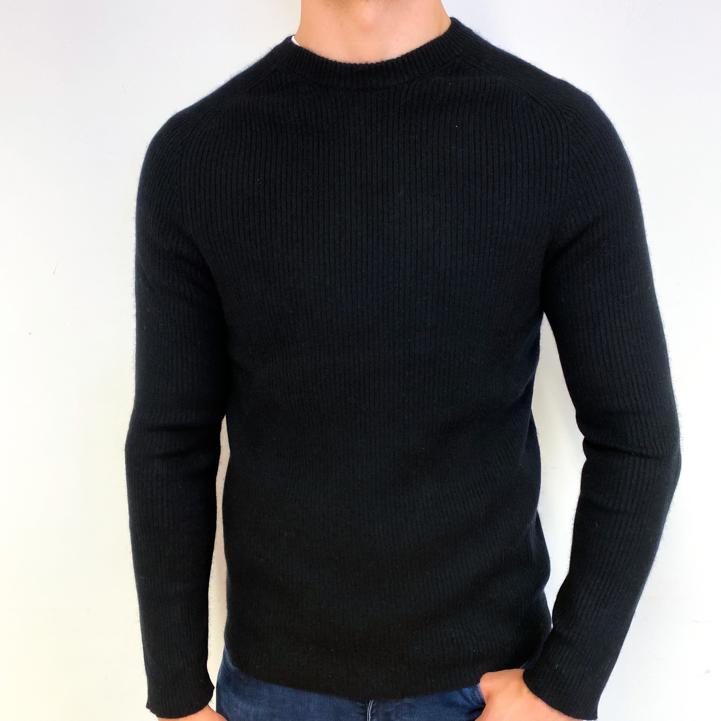 Men's Black Skinny Rib Cashmere Crew Neck Jumper Extra Large
