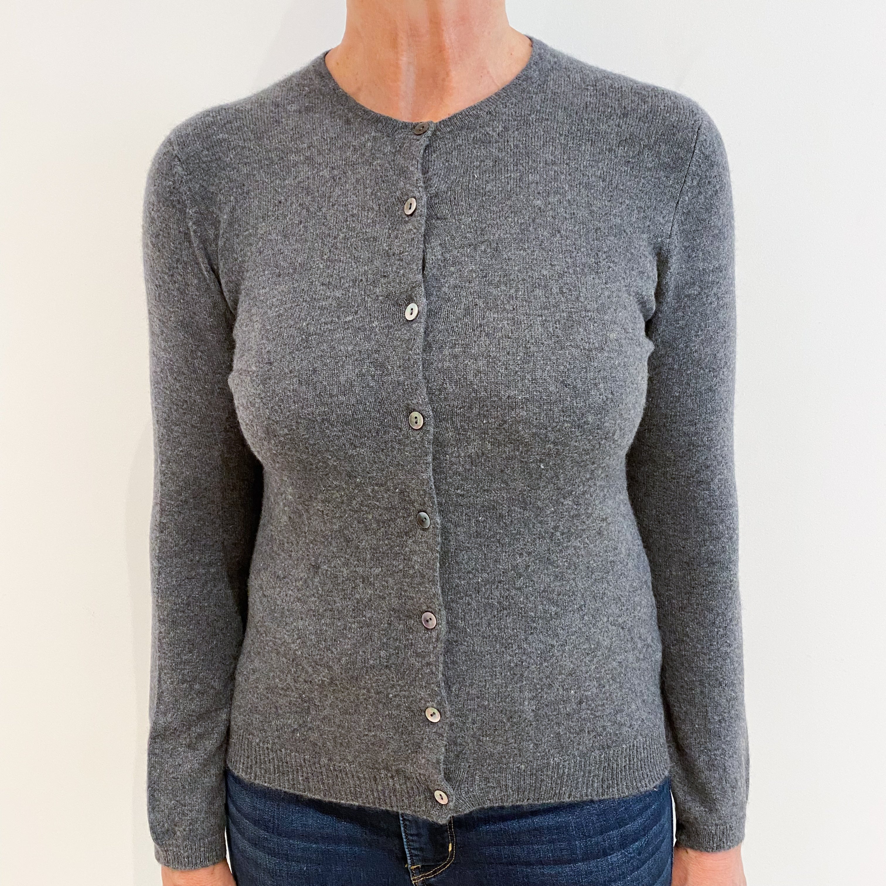 Slate Grey Cashmere Crew Neck Cardigan Medium