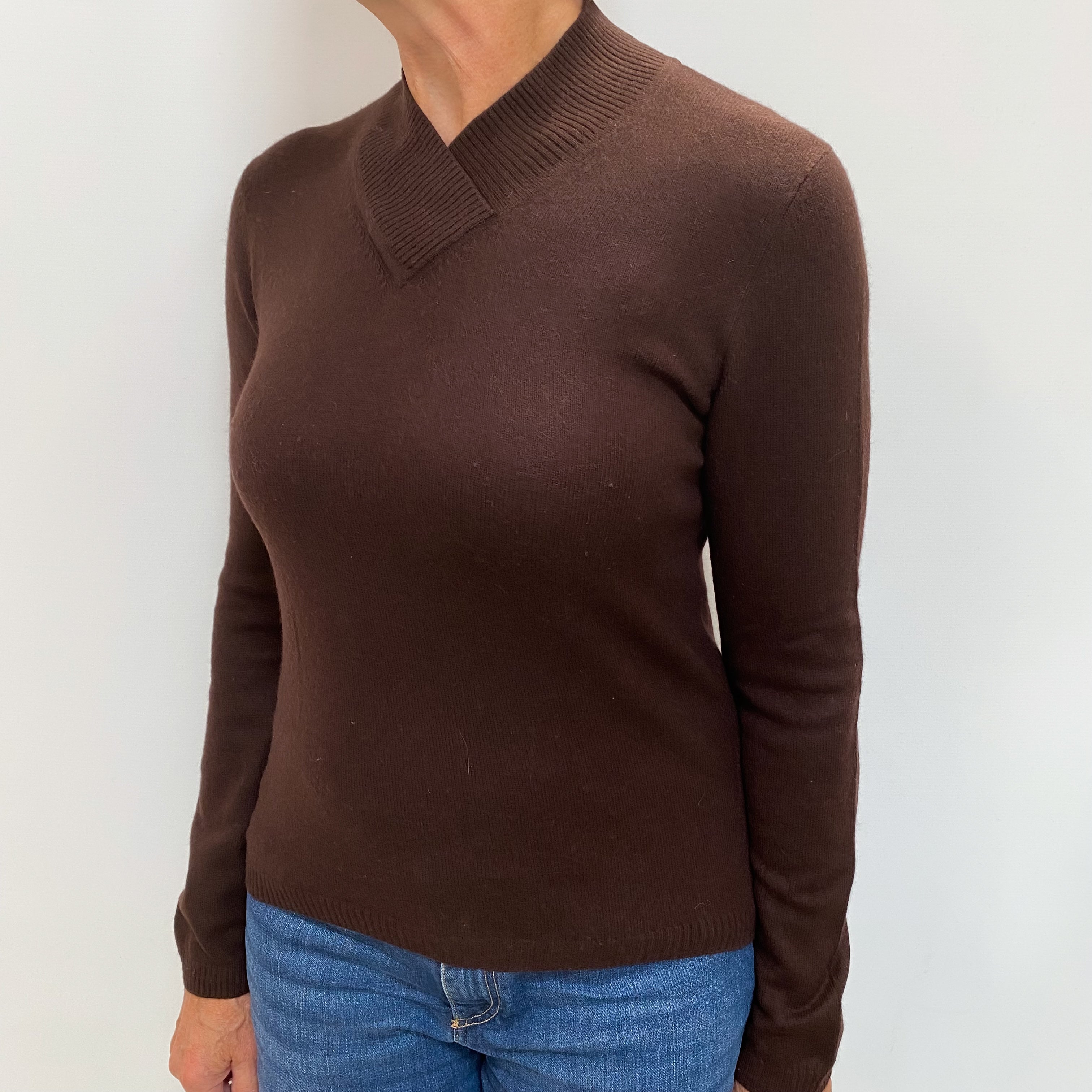 Dark Chocolate Brown Cashmere Crossover V Neck Jumper Medium
