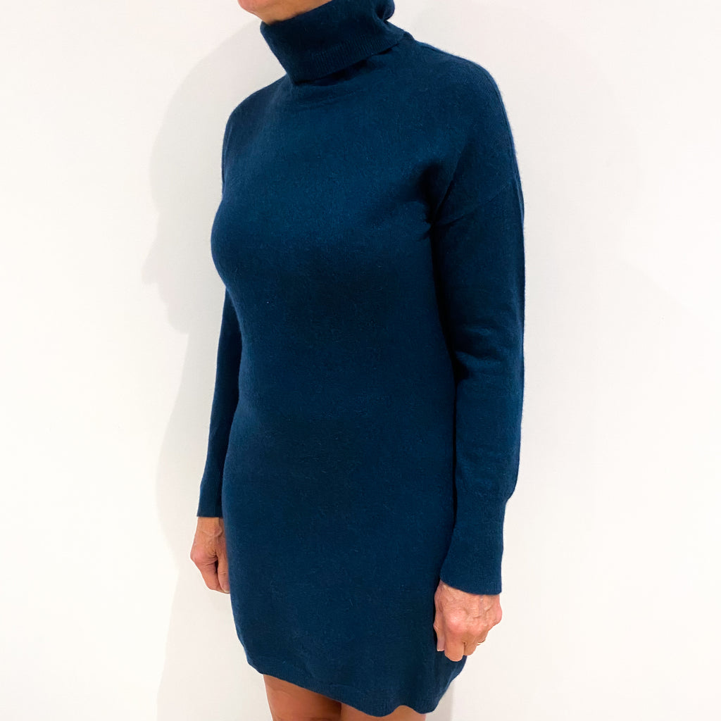 Petrol Blue Cashmere Polo Neck Dress Medium