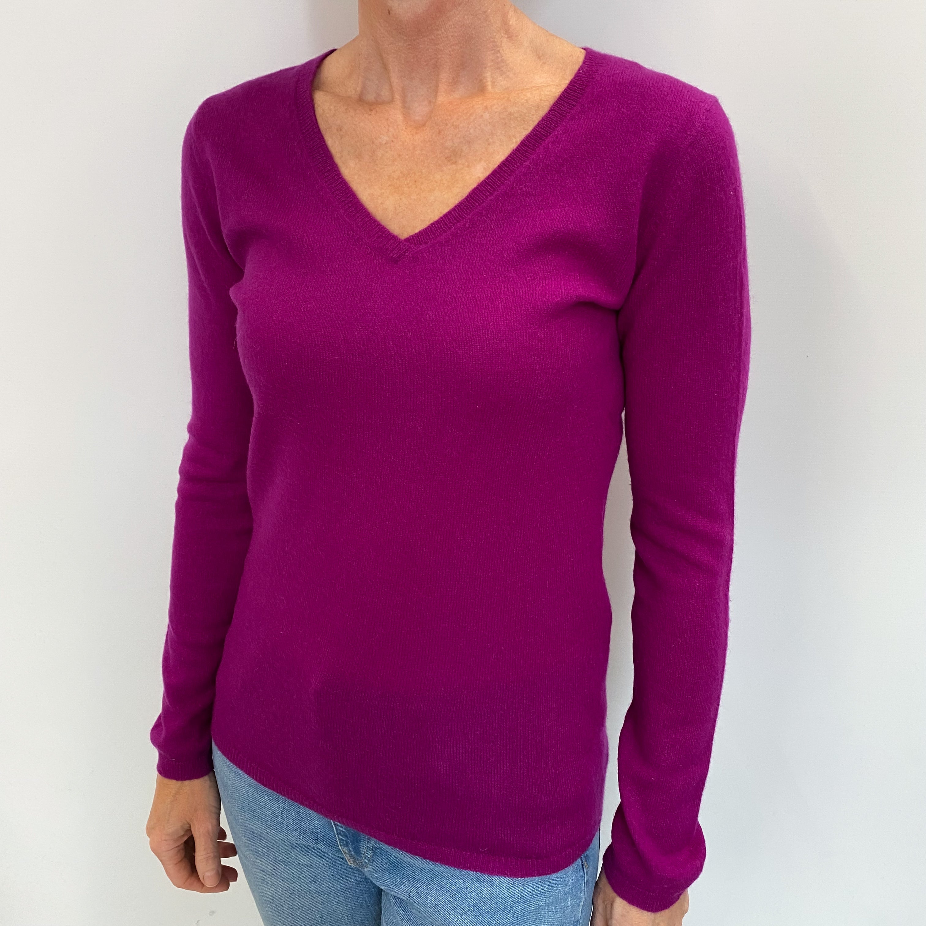 Magenta Purple Cashmere V Neck Jumper Small