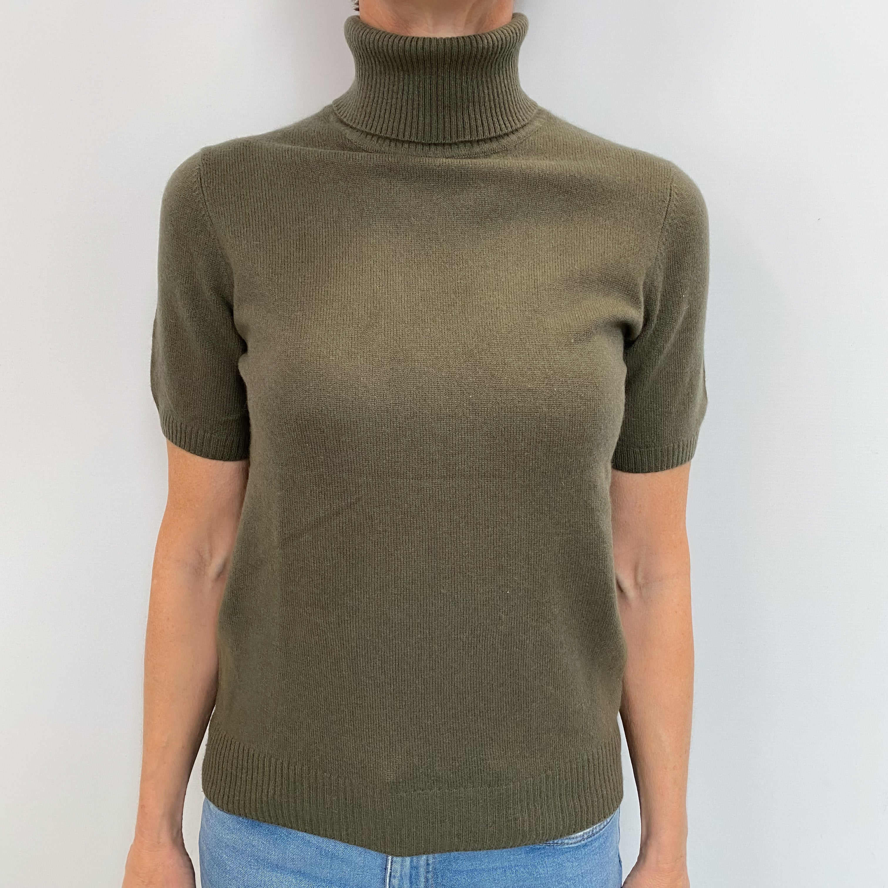 Khaki Cashmere Short Sleeved Polo Neck Jumper Small