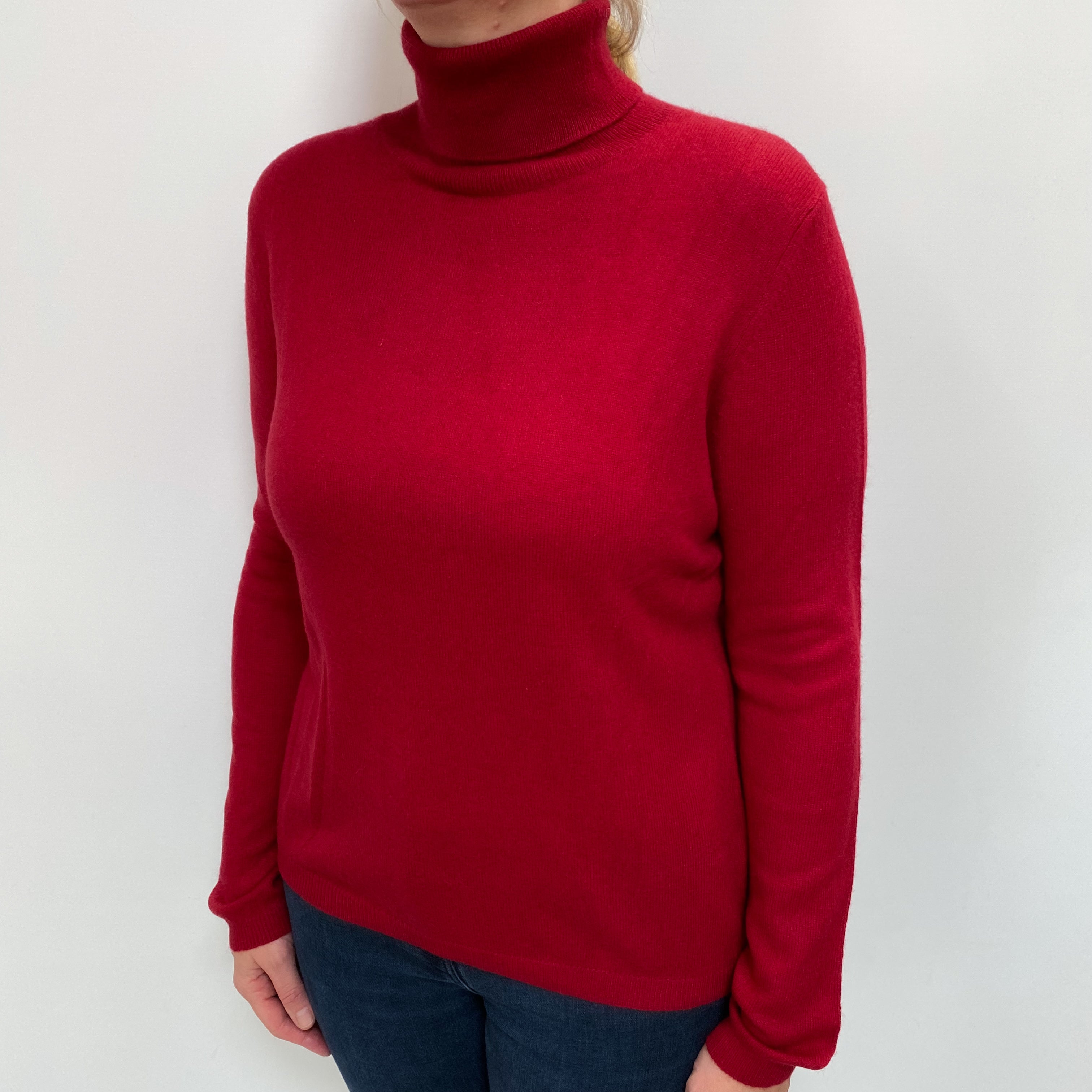 Crimson Red Cashmere Polo Neck Jumper Large