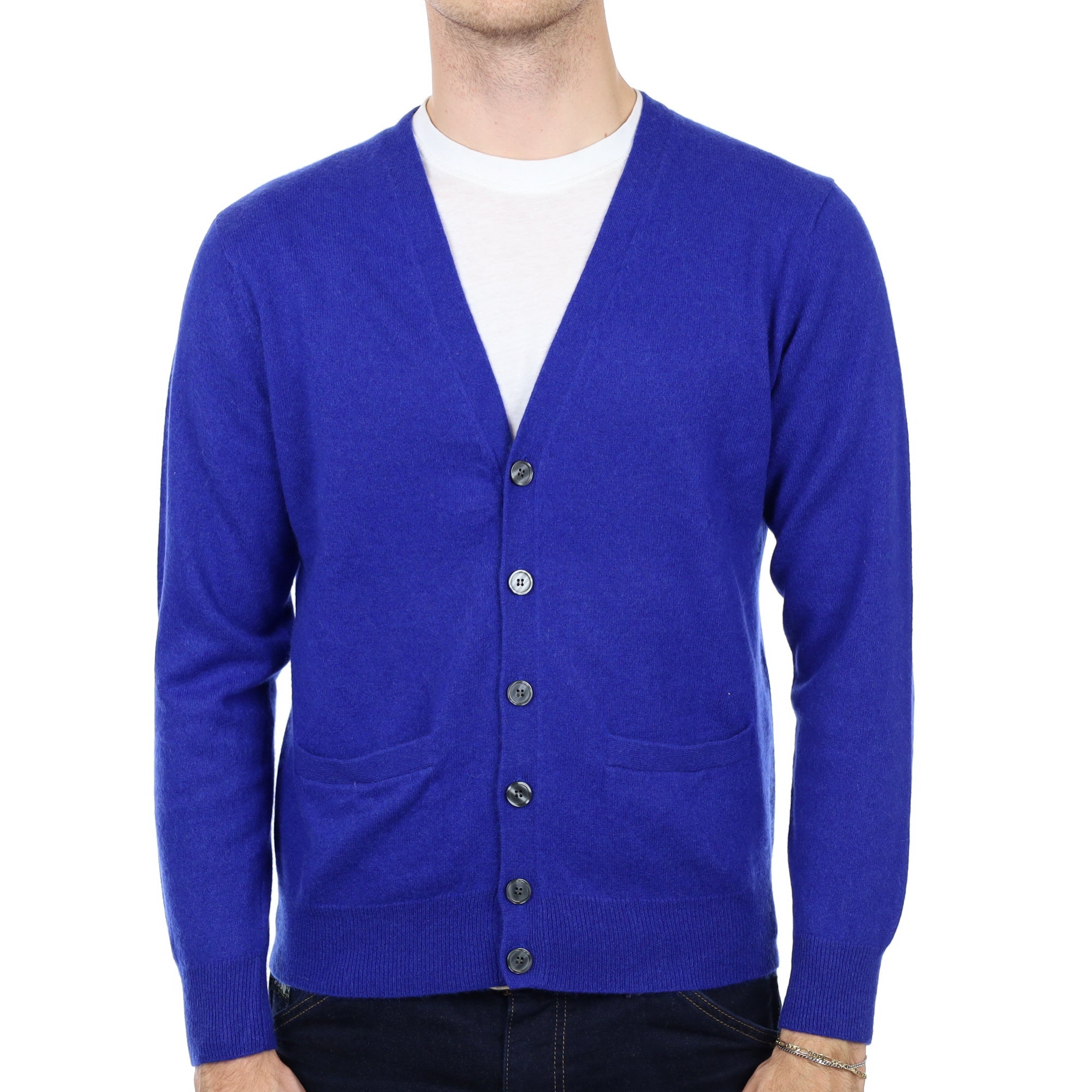 Men's Deep Cobalt Blue Cashmere V Neck Cardigan Medium