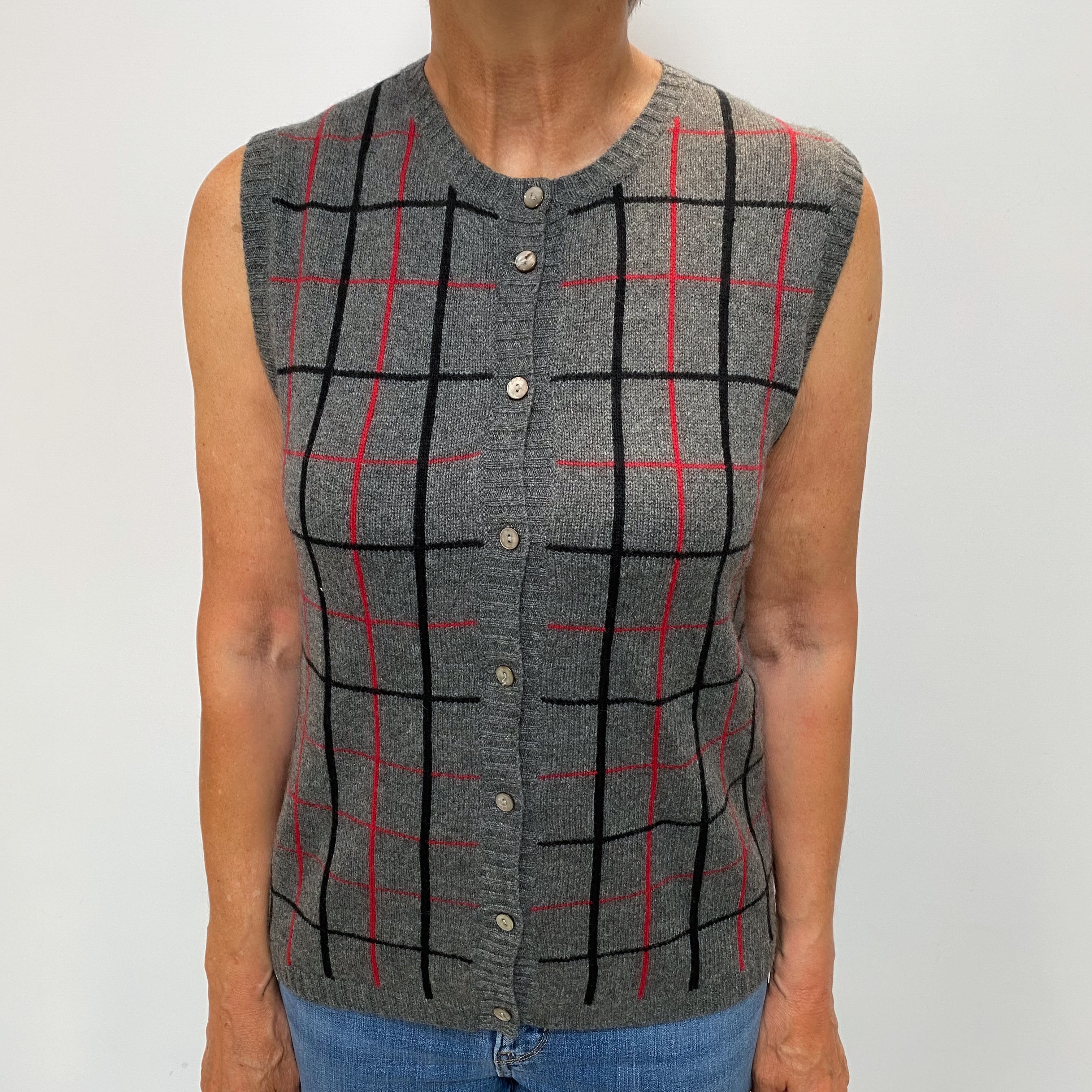 Slate Grey Checked Cashmere Sleeveless Cardigan Medium