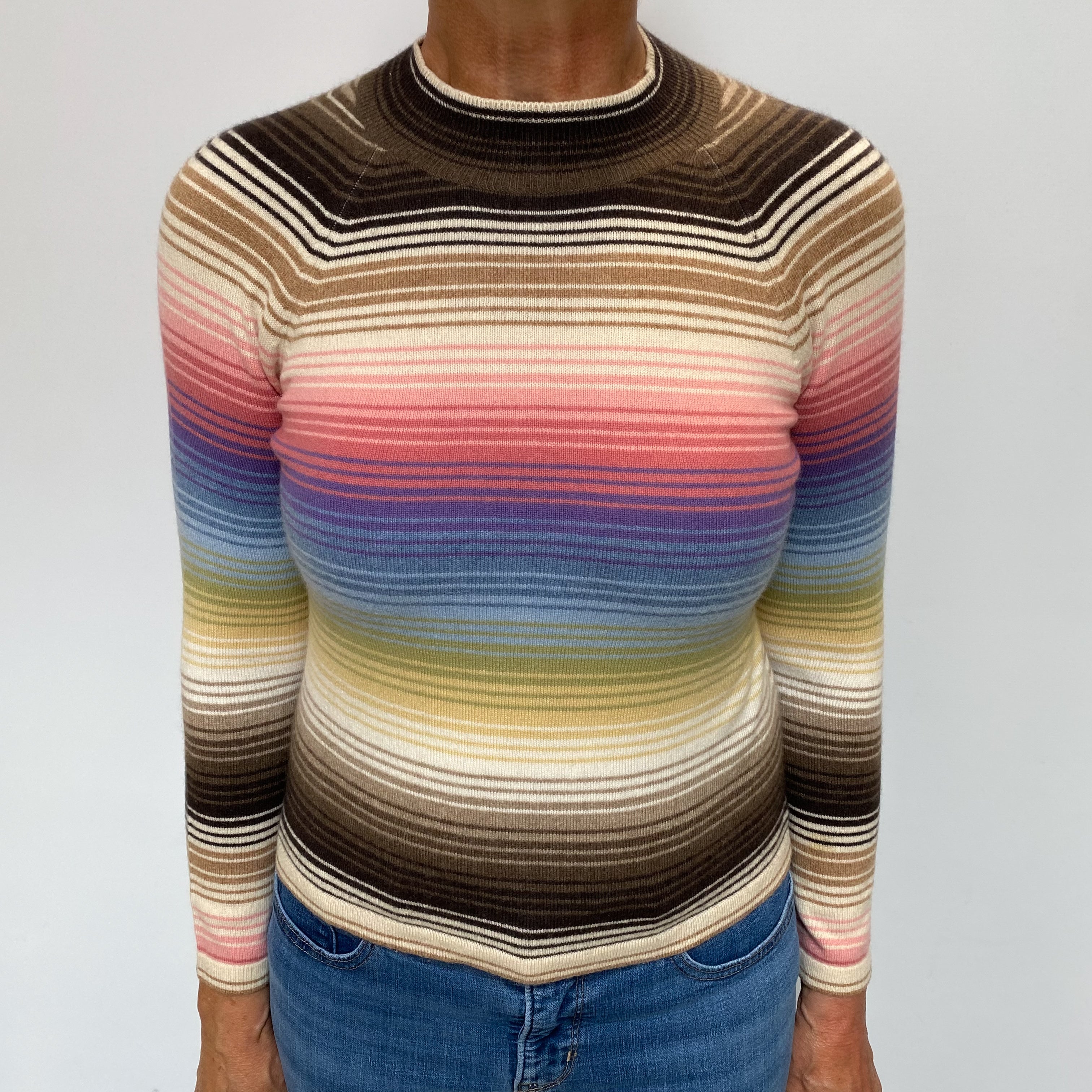 Multicoloured Striped Cashmere Turtle Neck Jumper Medium