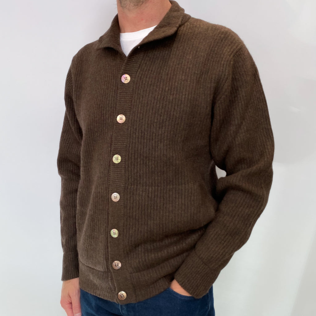 Brown and Green Blend Men's Cashmere Cardigan Small