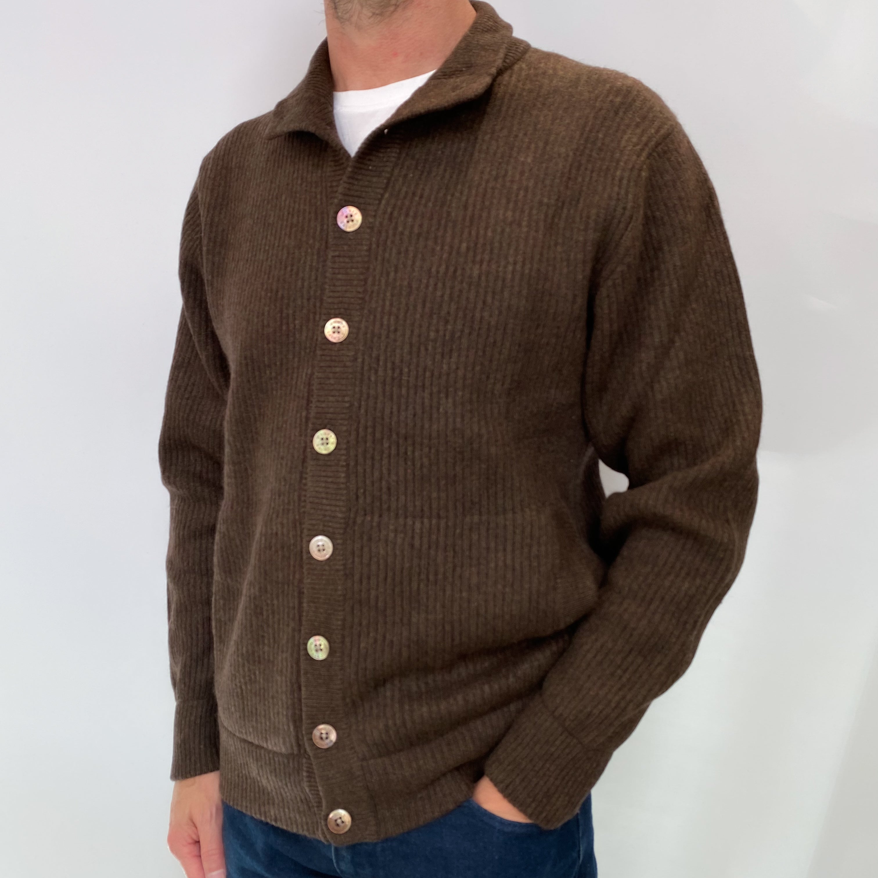 Brown and Green Blend Men's Cashmere Cardigan Small