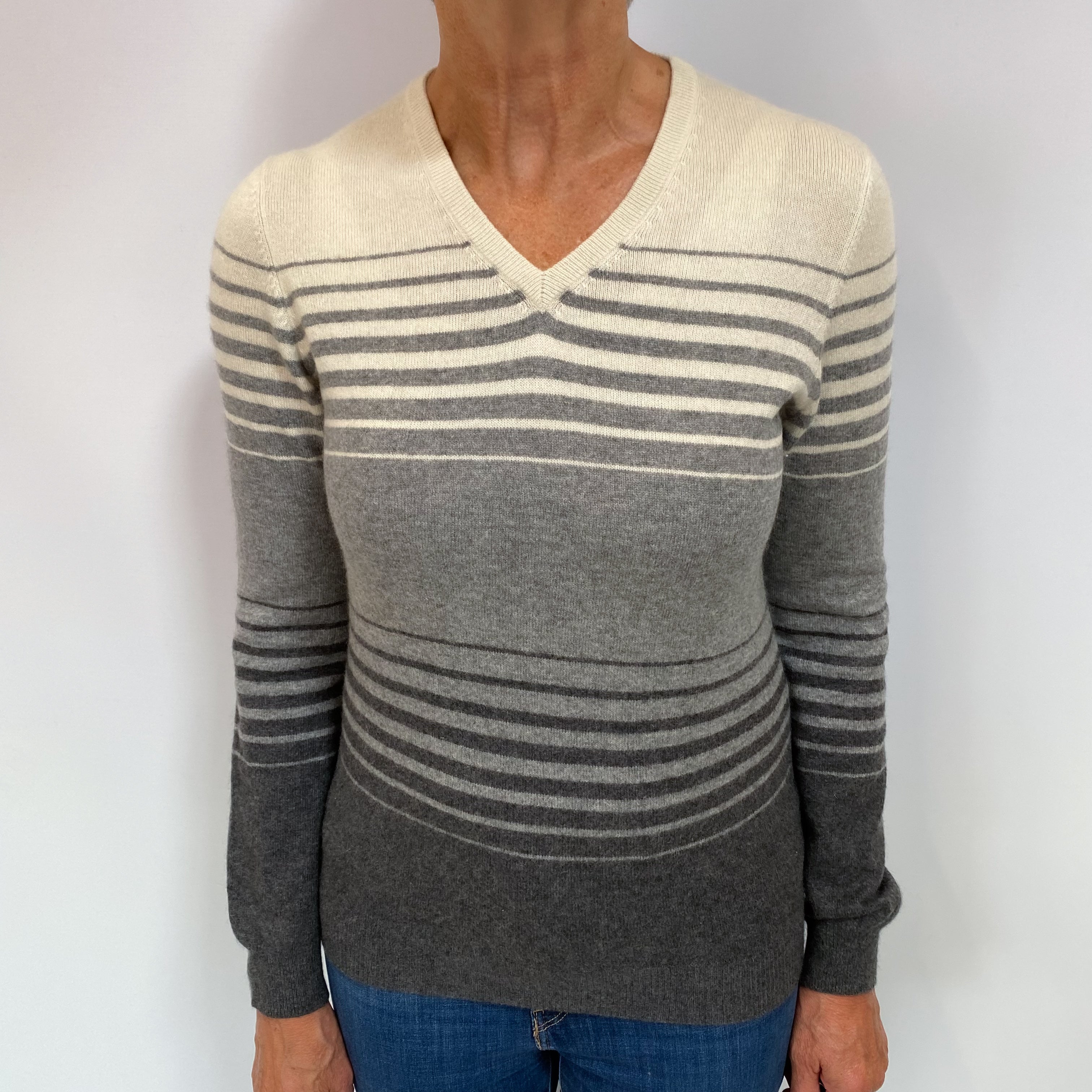 Grey and Cream Striped Cashmere V Neck Jumper Medium
