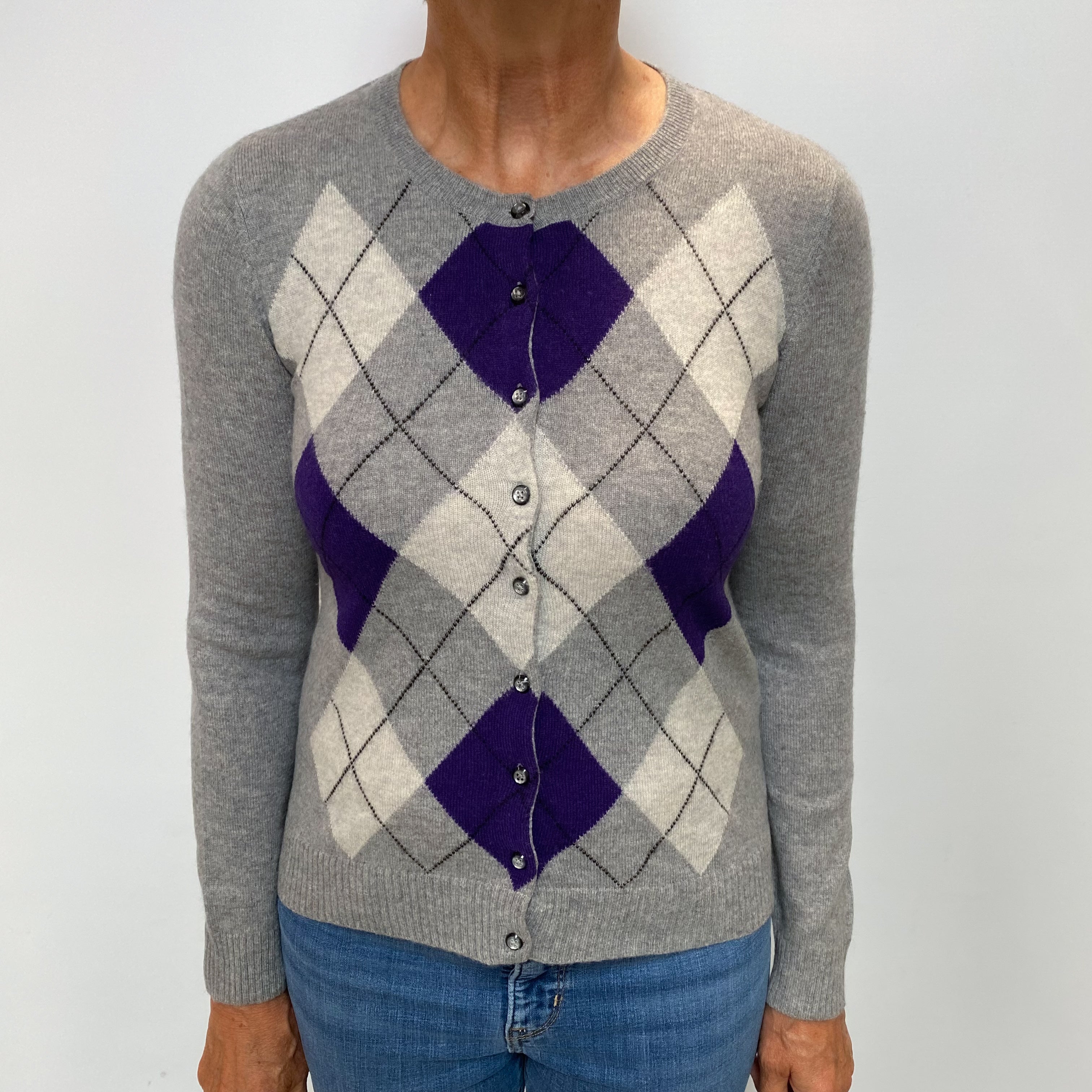 Ash Grey Argyle Cashmere Crew Neck Cardigan Medium
