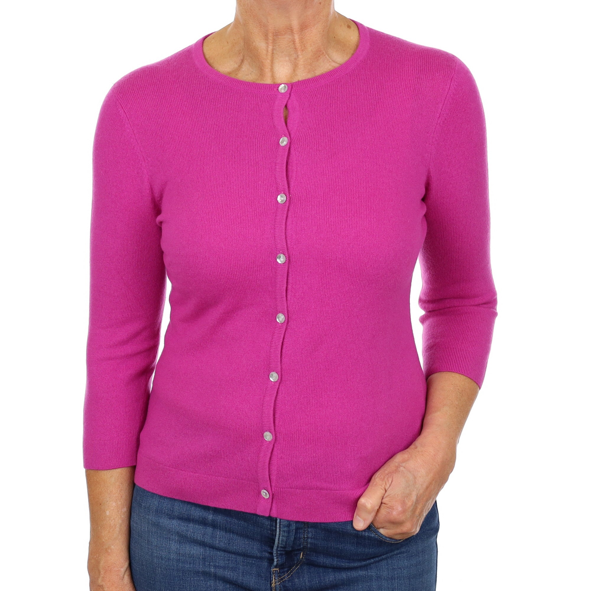 Magenta Pink Cashmere Crew Neck Cardigan Medium