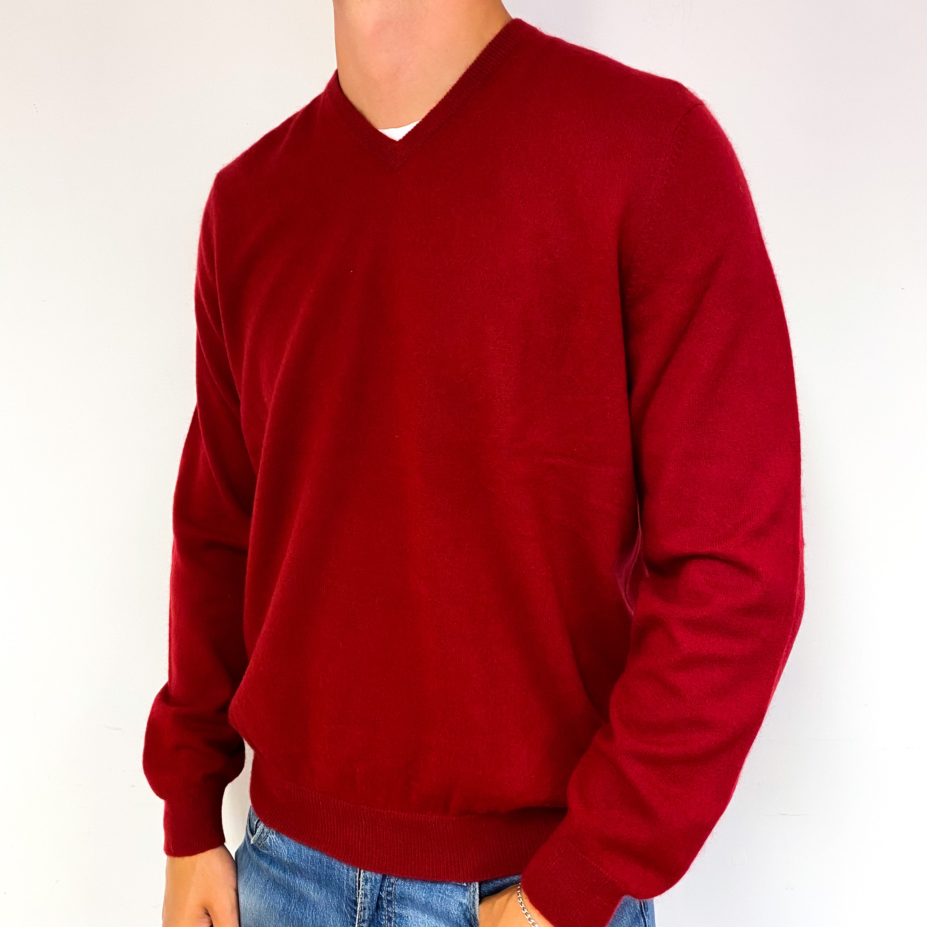 Men's Crimson Red Cashmere V-Neck Jumper Extra Large