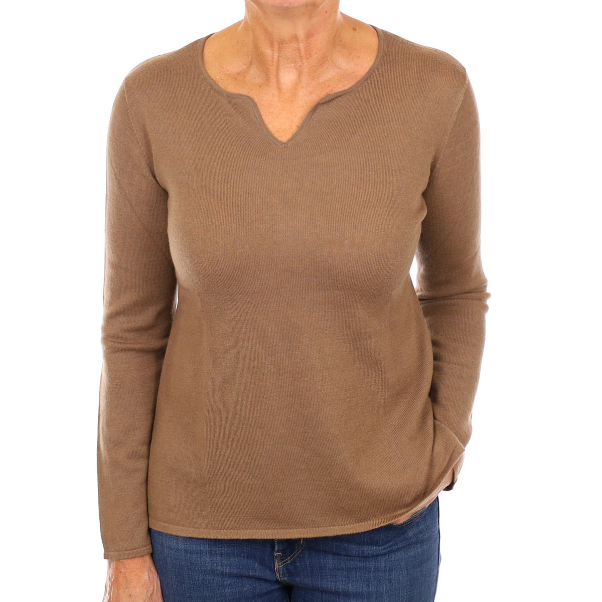 Mocha Brown Cashmere Notch Neck Jumper Medium