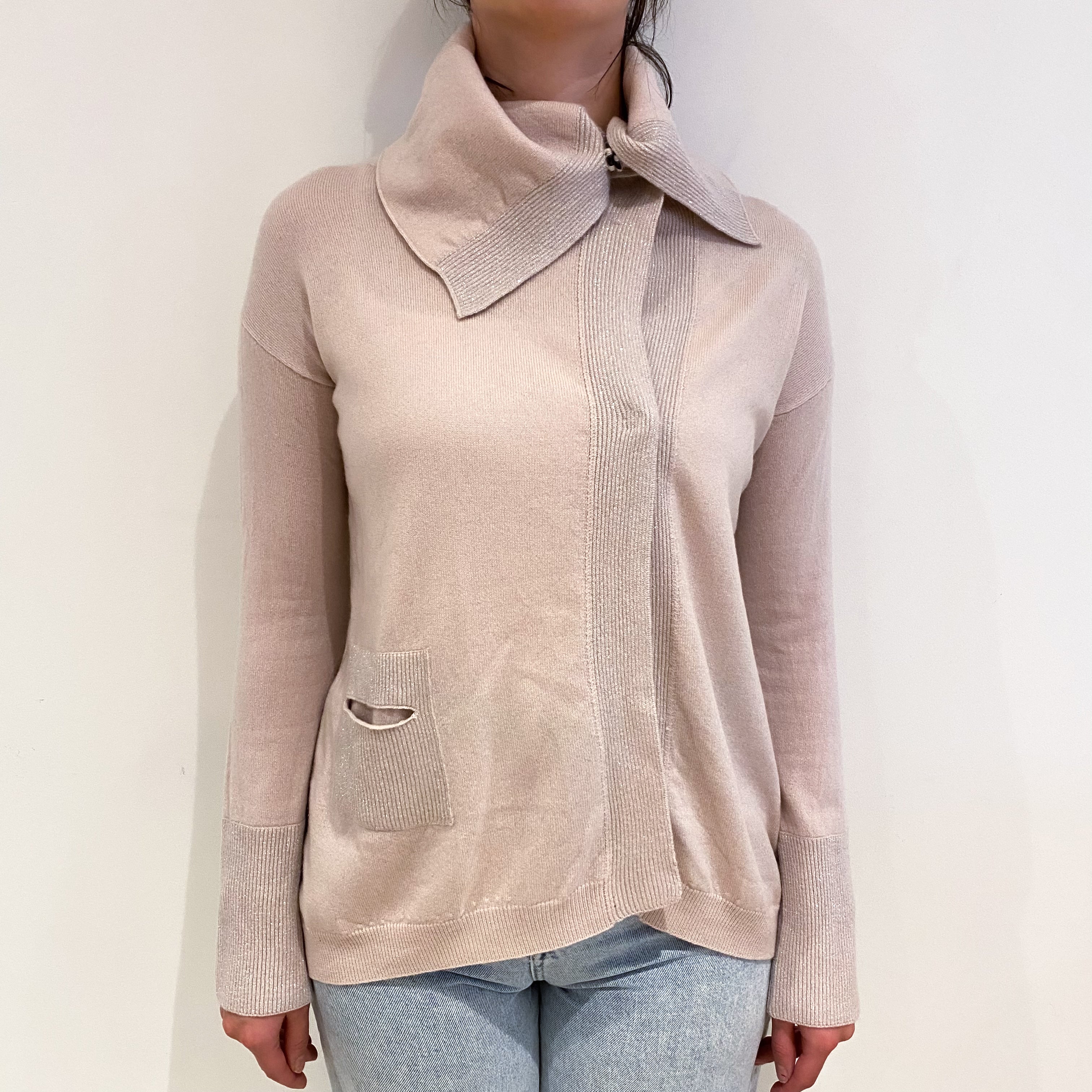 Pale Pink Cashmere Collared Cardigan With Pockets Small
