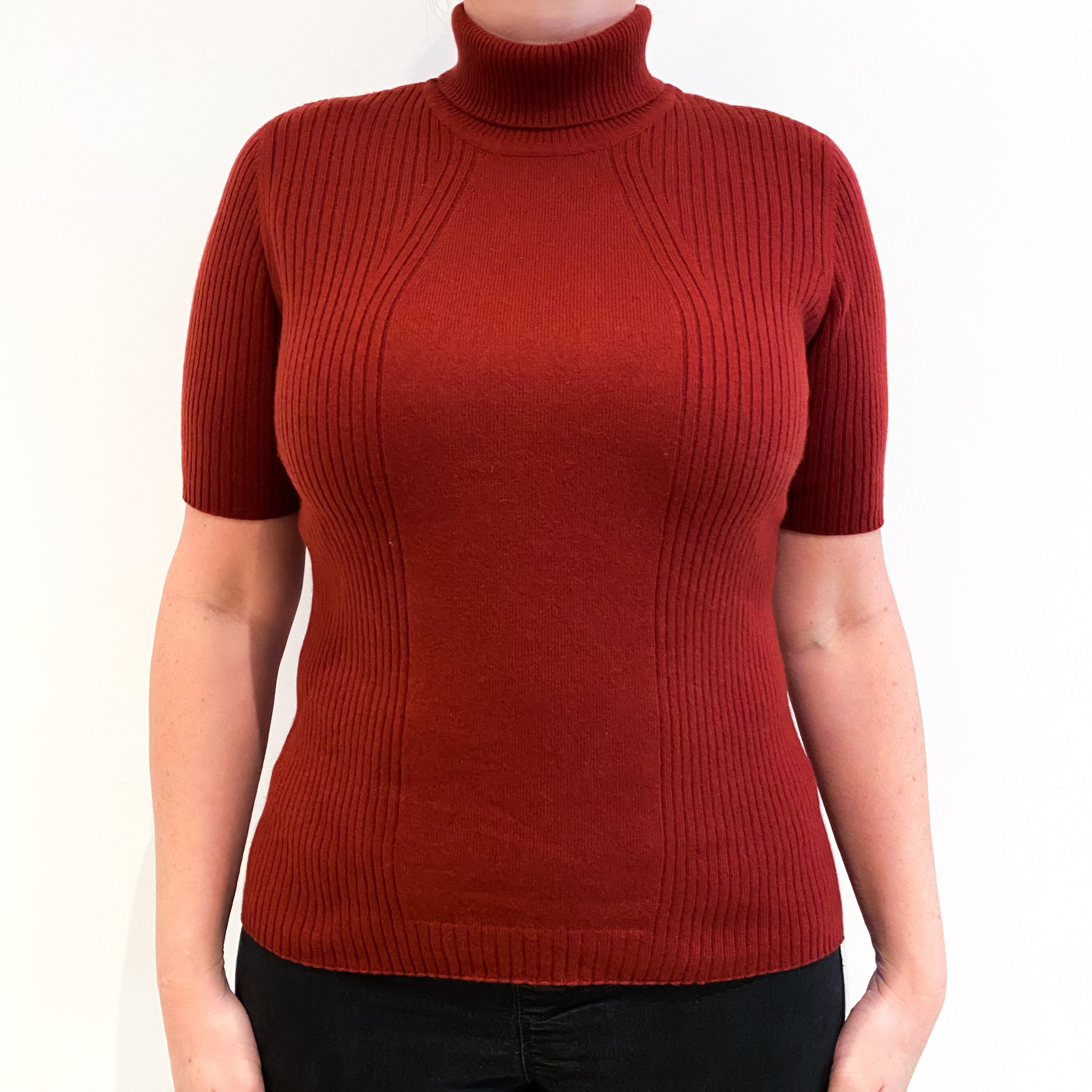 Brick Red Short Sleeved Cashmere Polo Neck Jumper
