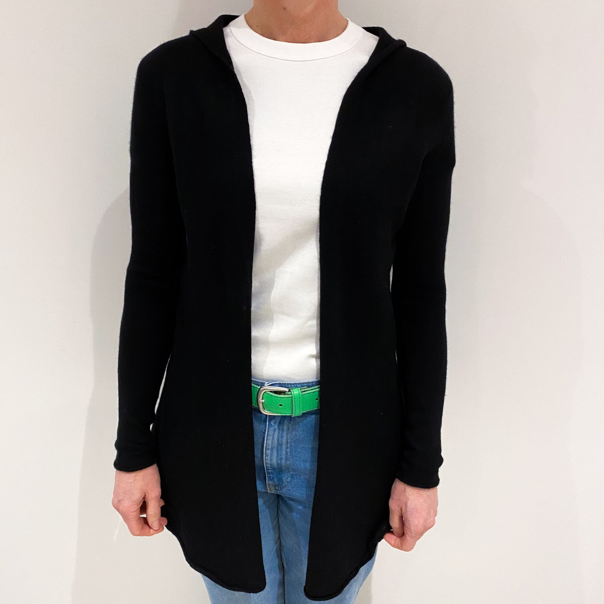 Black Cashmere Edge to Edge Cardigan with Hood Small