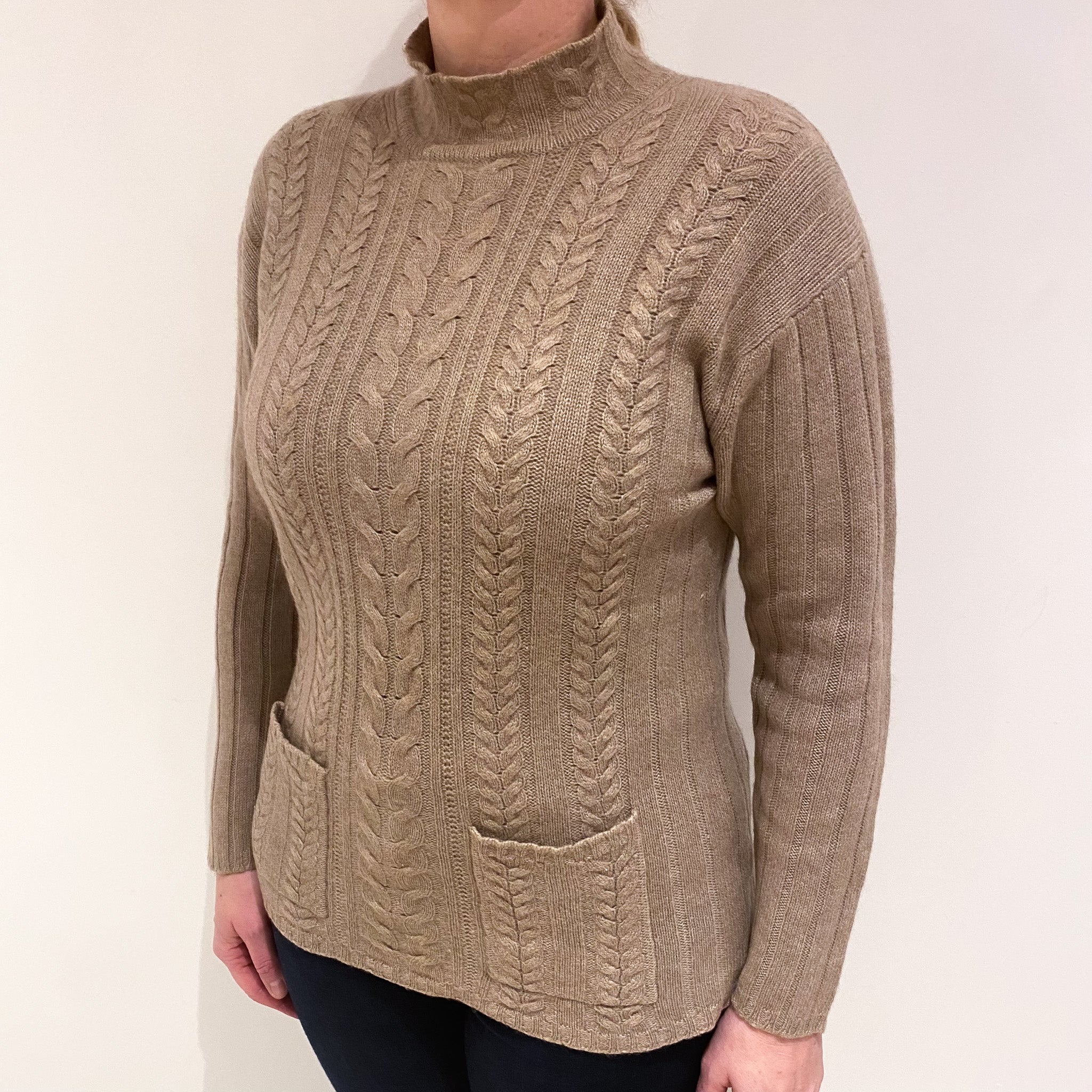 Fawn Brown Cable Cashmere Funnel Neck Jumper with Pockets Large
