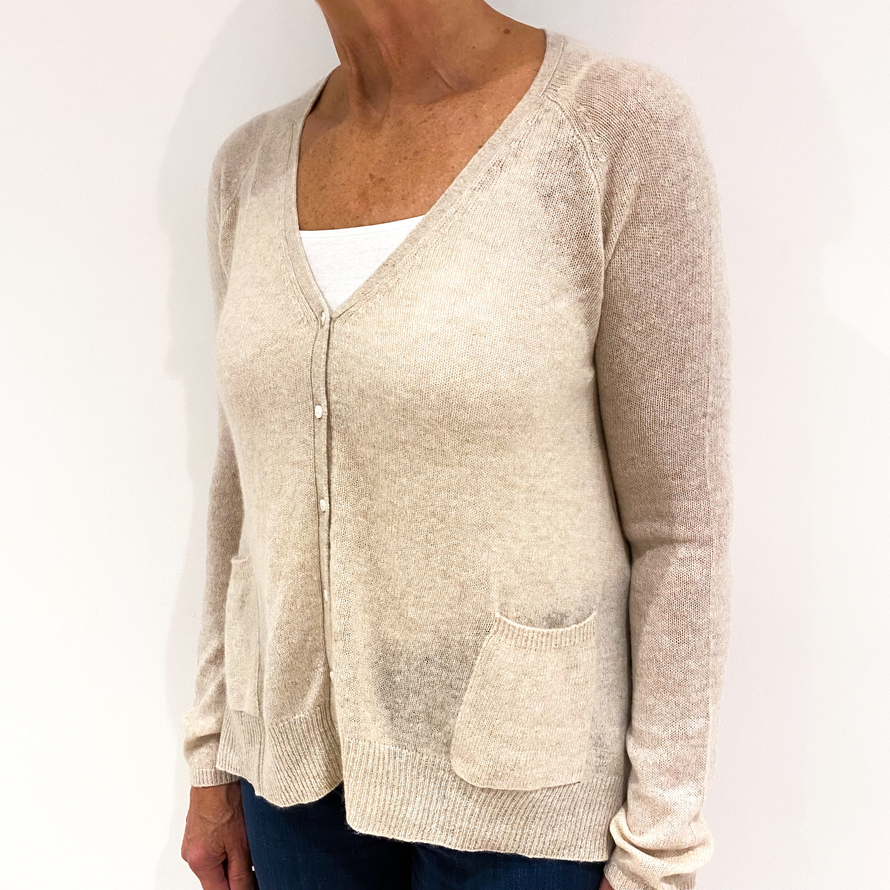 Biscuit Beige Cashmere V-neck Cardigan Medium